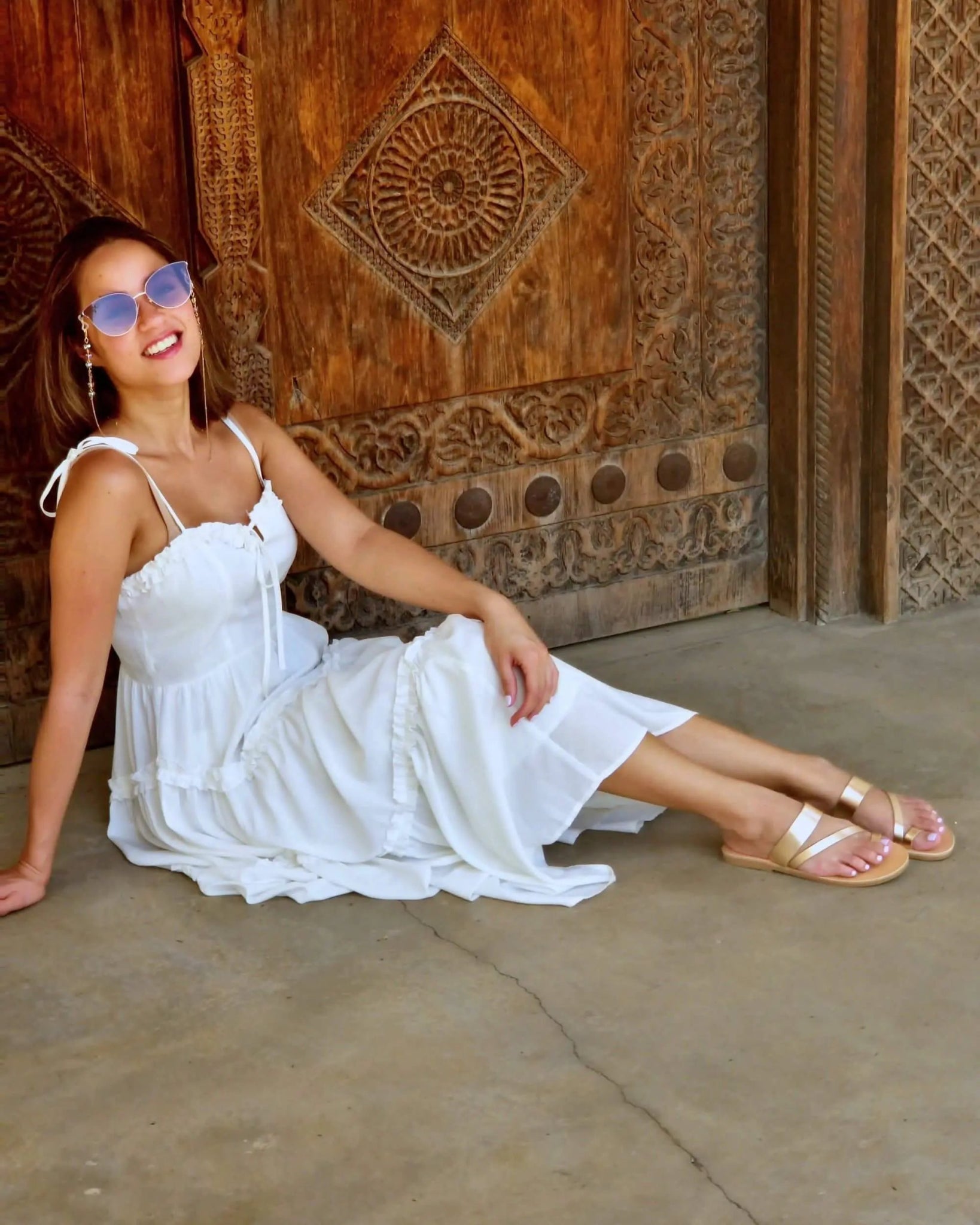 Rose gold metallic leather slides three strap secure fit design