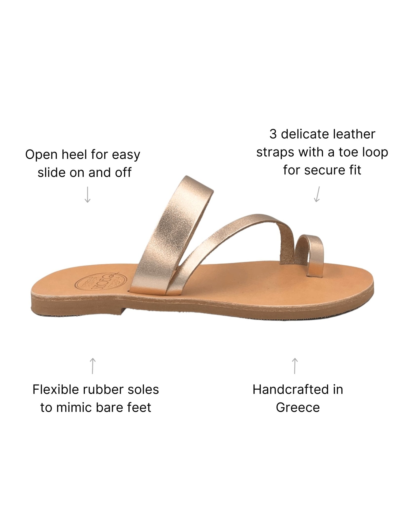 Handmade rose gold metallic slides three strap toe loop detail