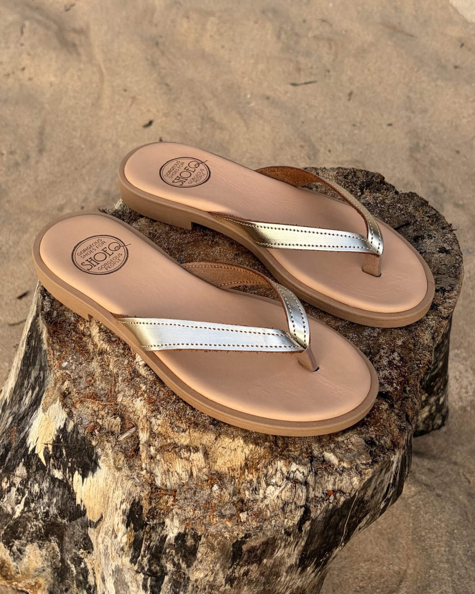 Ava LUXE Champagne metallic premium leather slide double stitching open toe - Shoeq