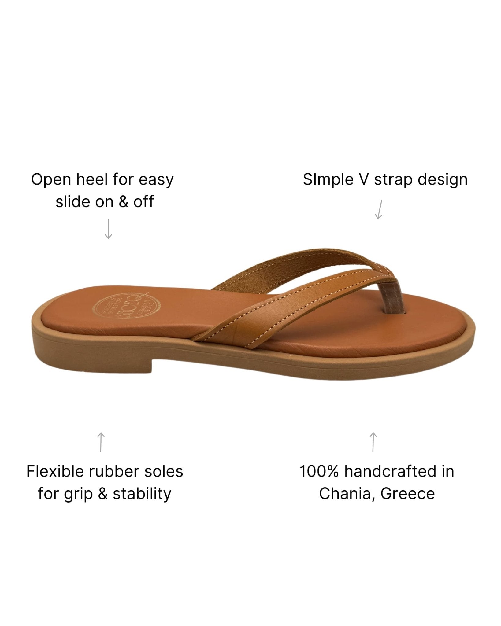 Ava LUXE Tan brown leather V-strap slide double stitching handmade Dubai - Shoeq