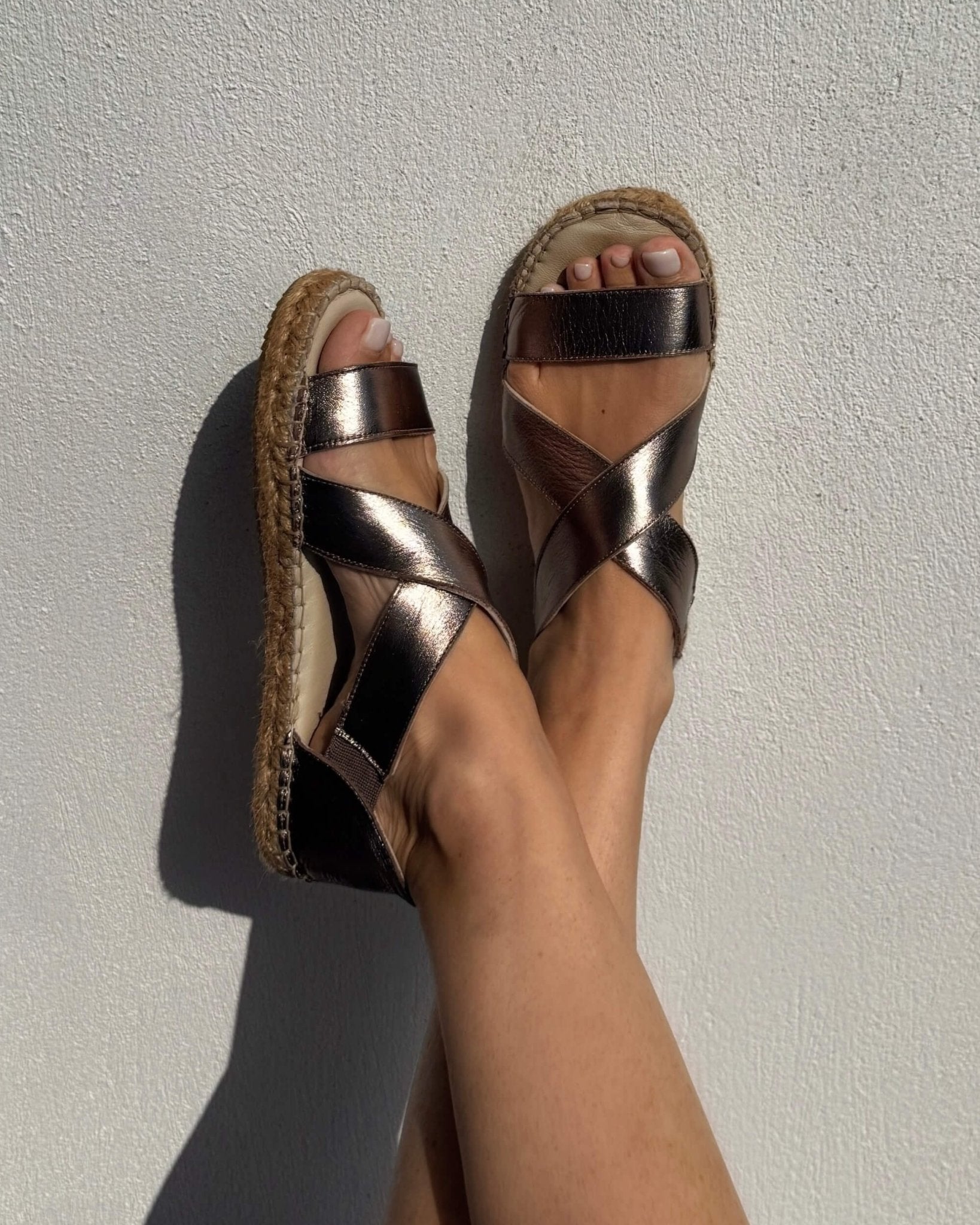 Bronze metallic leather espadrille sandals with elasticated cross-over straps and jute rope sole | Beach Espadrille by Shoeq