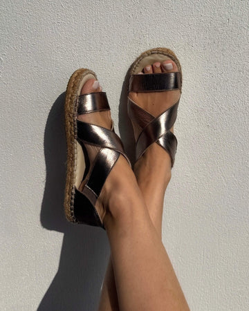 Bronze metallic leather espadrille sandals with elasticated cross-over straps and jute rope sole | Beach Espadrille by Shoeq