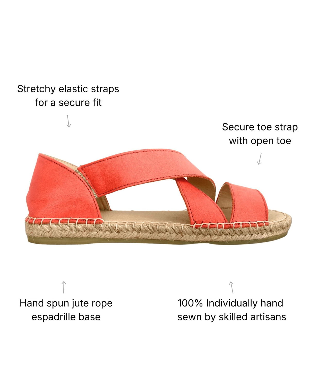 Coral leather sandals with secure elasticated straps and cushioned memory foam footbed | Beach Espadrille by Shoeq
