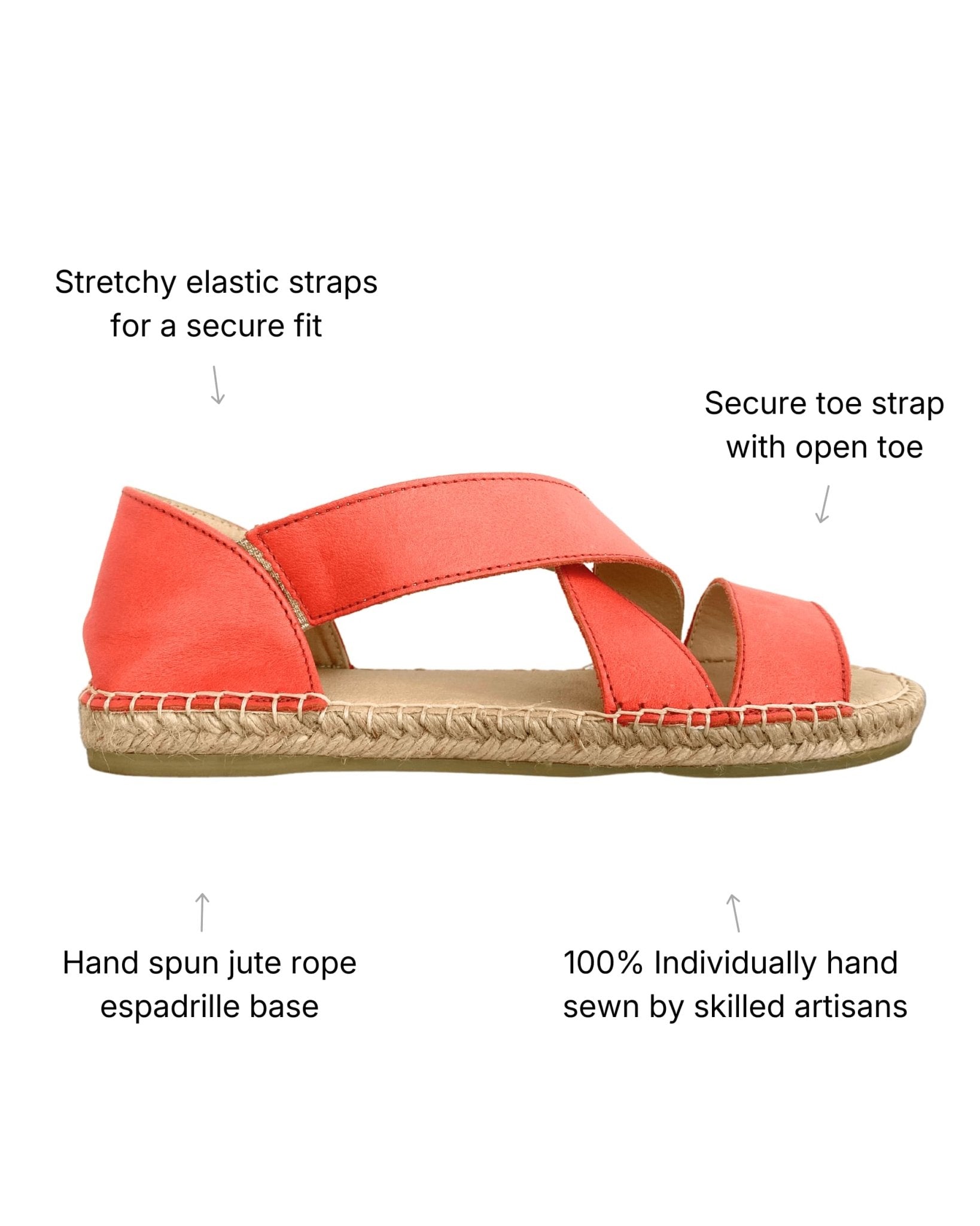 Coral leather sandals with secure elasticated straps and cushioned memory foam footbed | Beach Espadrille by Shoeq