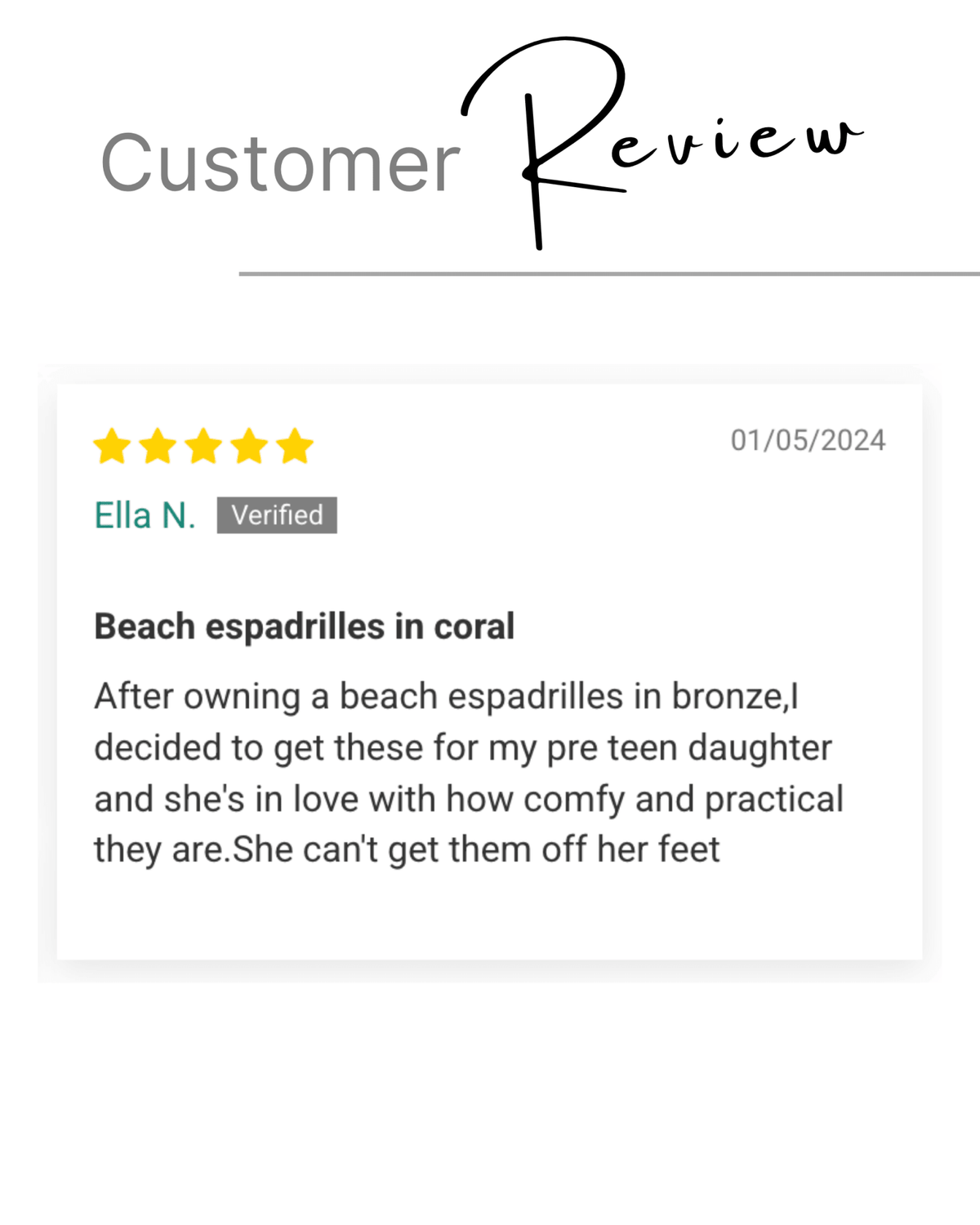 Customer review — Coral Beach Espadrille, five stars from a verified buyer | Beach Espadrille by Shoeq