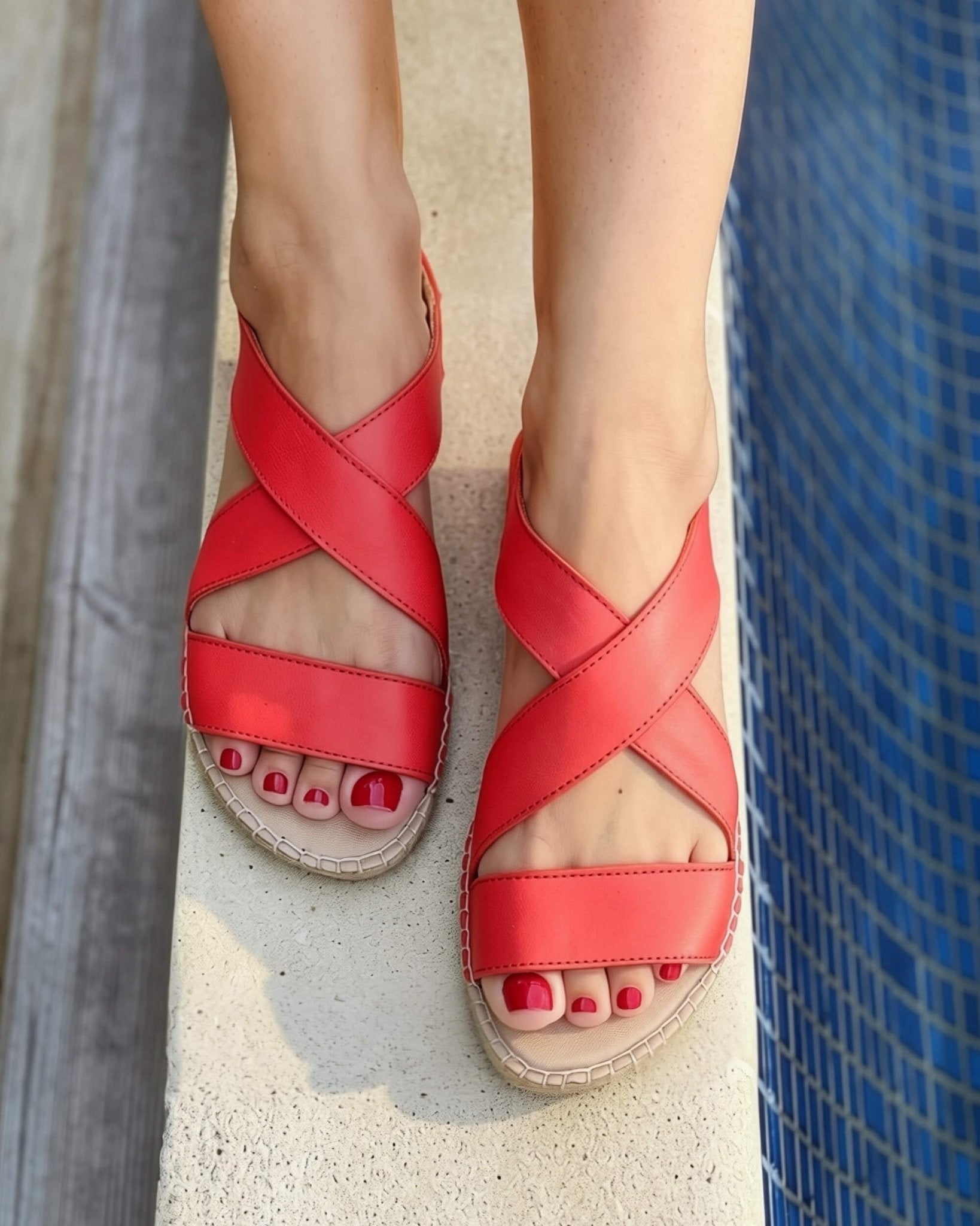 Handmade coral espadrille sandals with cross-over straps and hand-spun jute rope base | Beach Espadrille by Shoeq