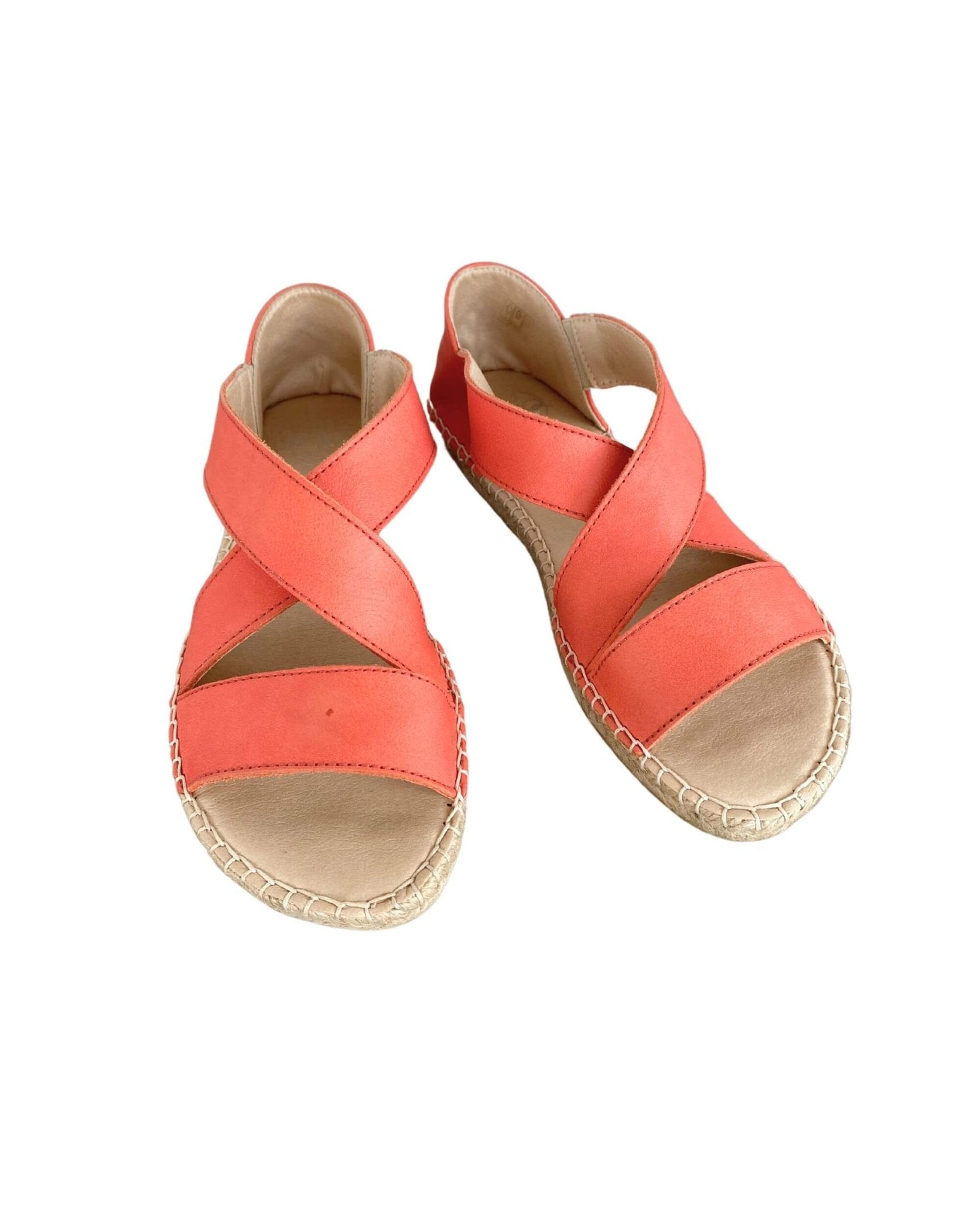Coral flat leather espadrilles with elasticated cross-over straps, handcrafted in Europe | Beach Espadrille by Shoeq