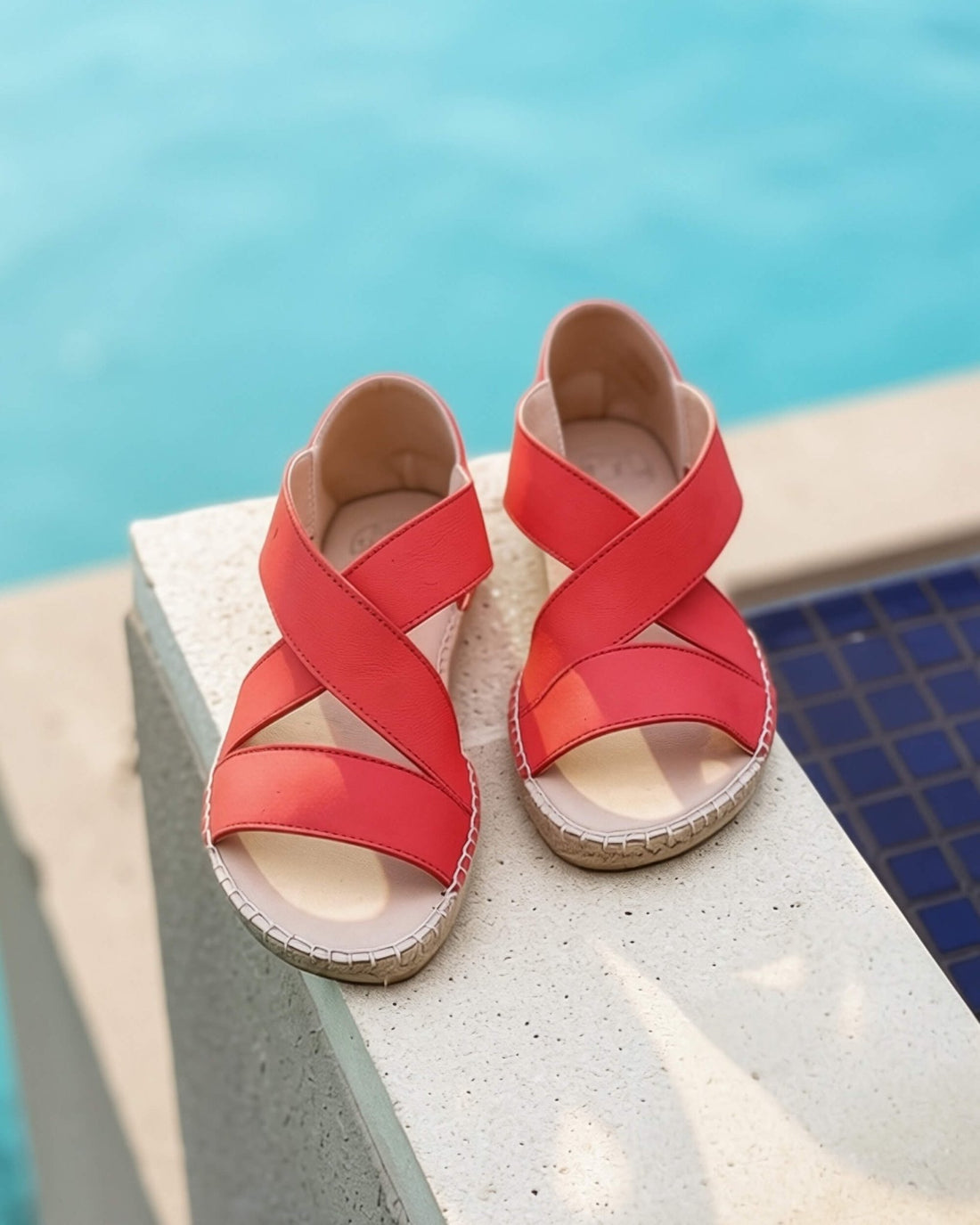 Coral leather espadrille sandals with elasticated cross-over straps and jute rope sole | Beach Espadrille by Shoeq