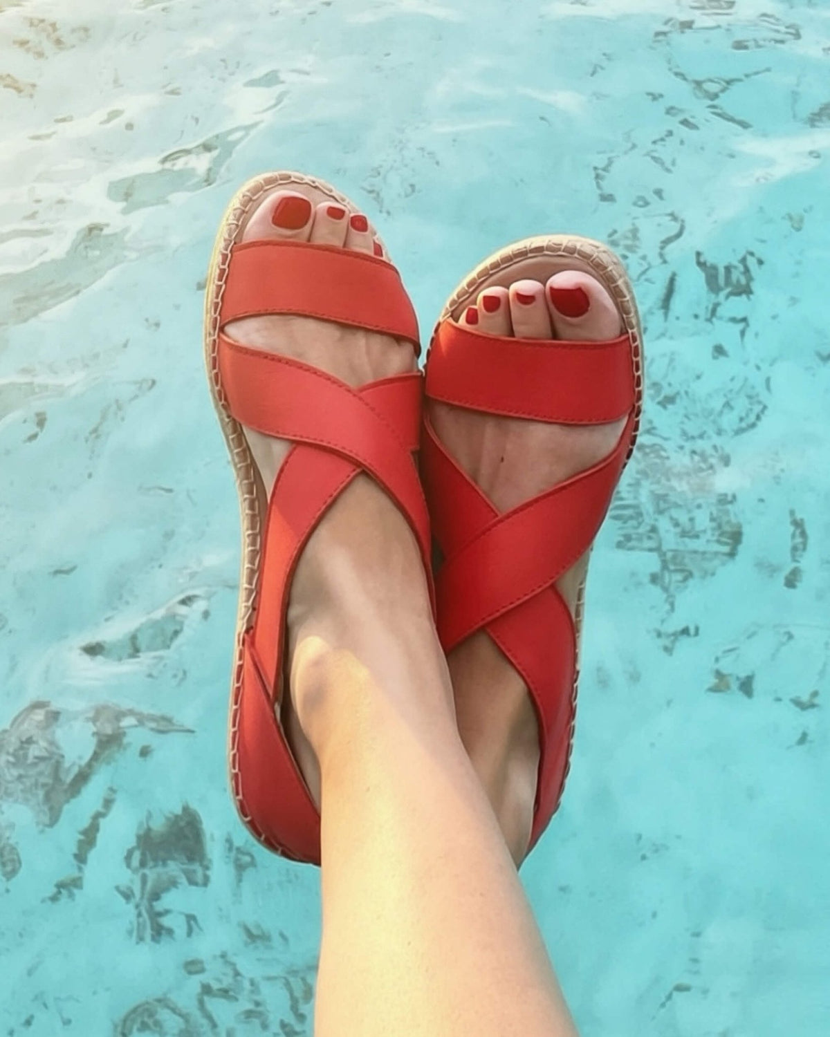 Coral flat leather espadrilles with elasticated cross-over straps and a cushioned memory foam innersole, handcrafted in Europe | Beach Espadrille by Shoeq