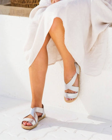 Silver leather espadrille sandals with elasticated cross-over straps and jute rope sole | Beach Espadrille by Shoeq