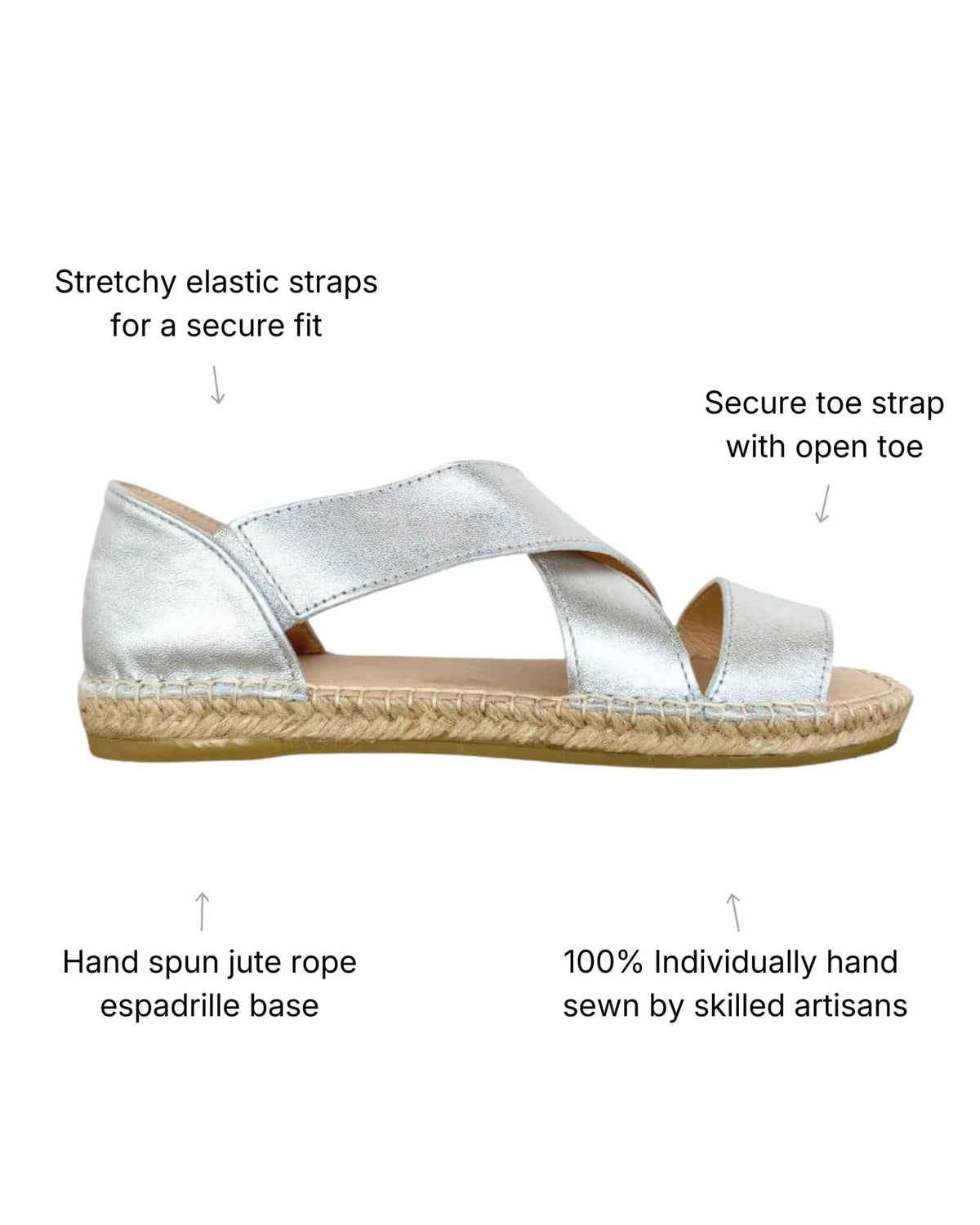 Silver leather sandals with secure elasticated straps and cushioned memory foam footbed | Beach Espadrille by Shoeq