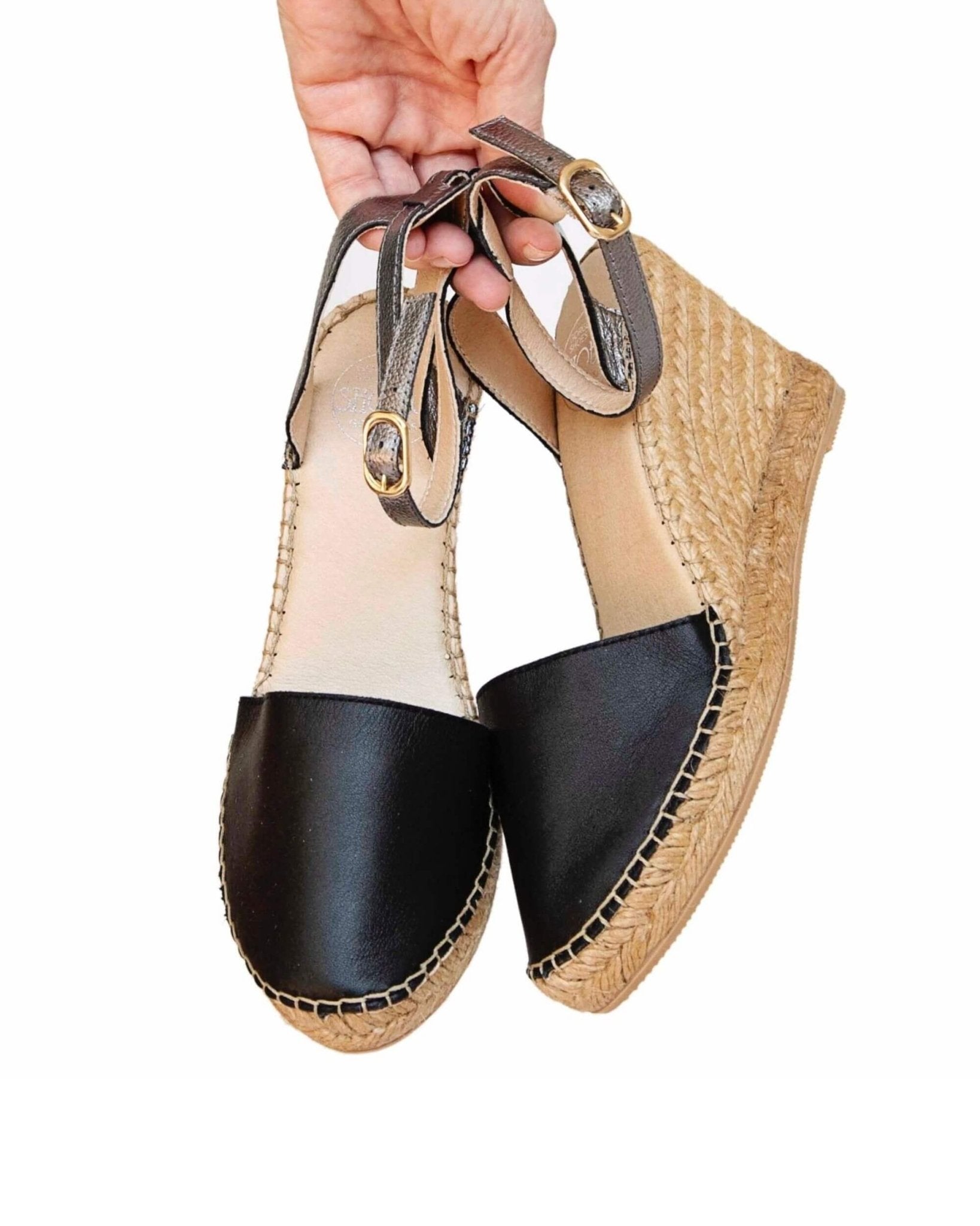 Spanish handmade closed-toe black wedges pewter 8cm heel
