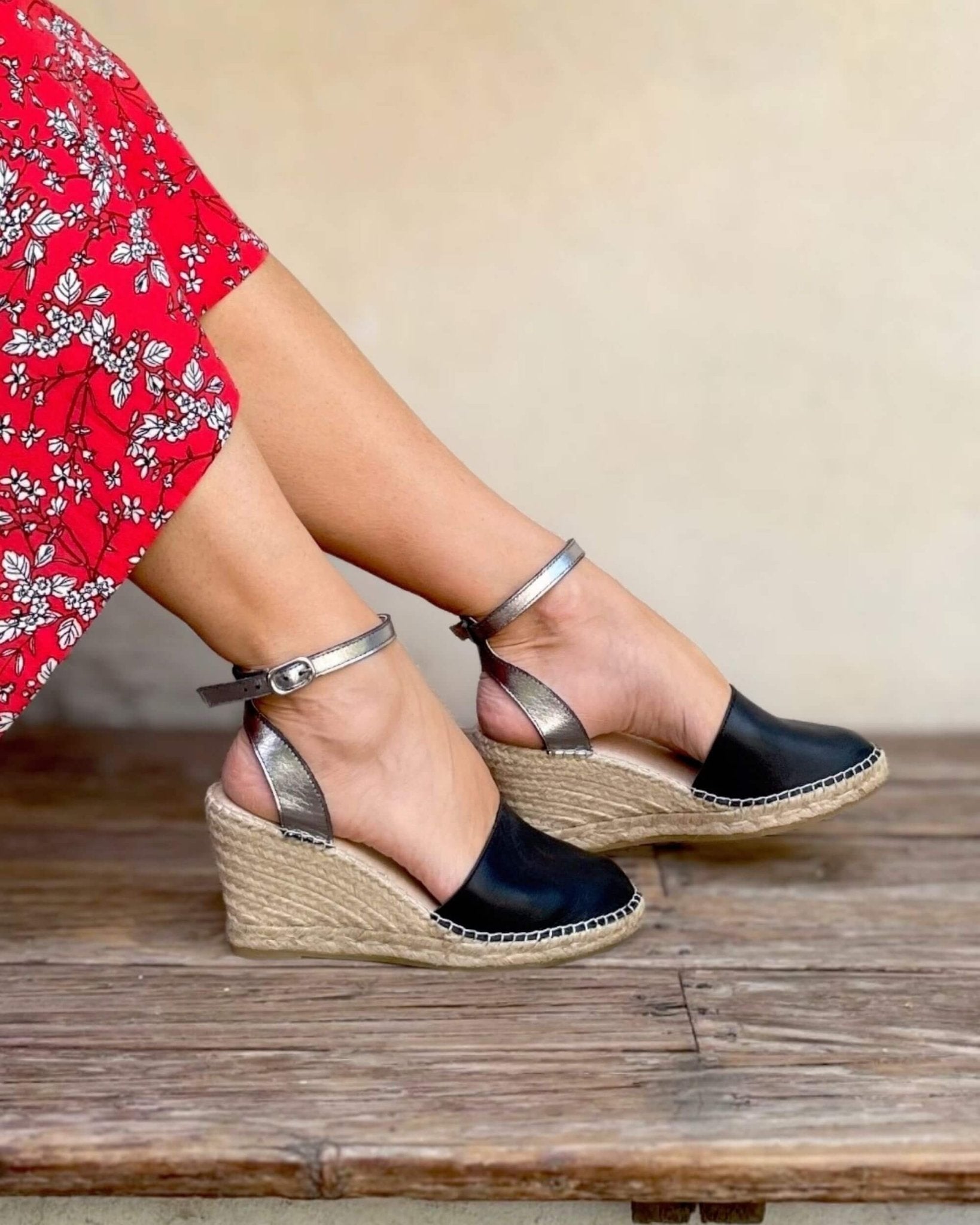 Black closed-toe wedge espadrilles with metallic pewter strap 8cm heel
