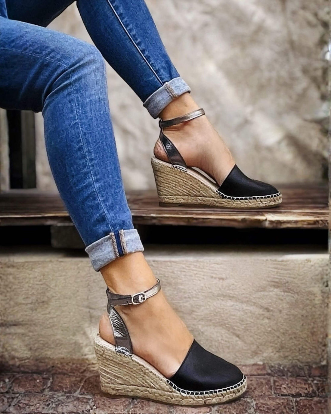 Carla Espadrille Wedge in Midnight Pewter black closed-toe Spain