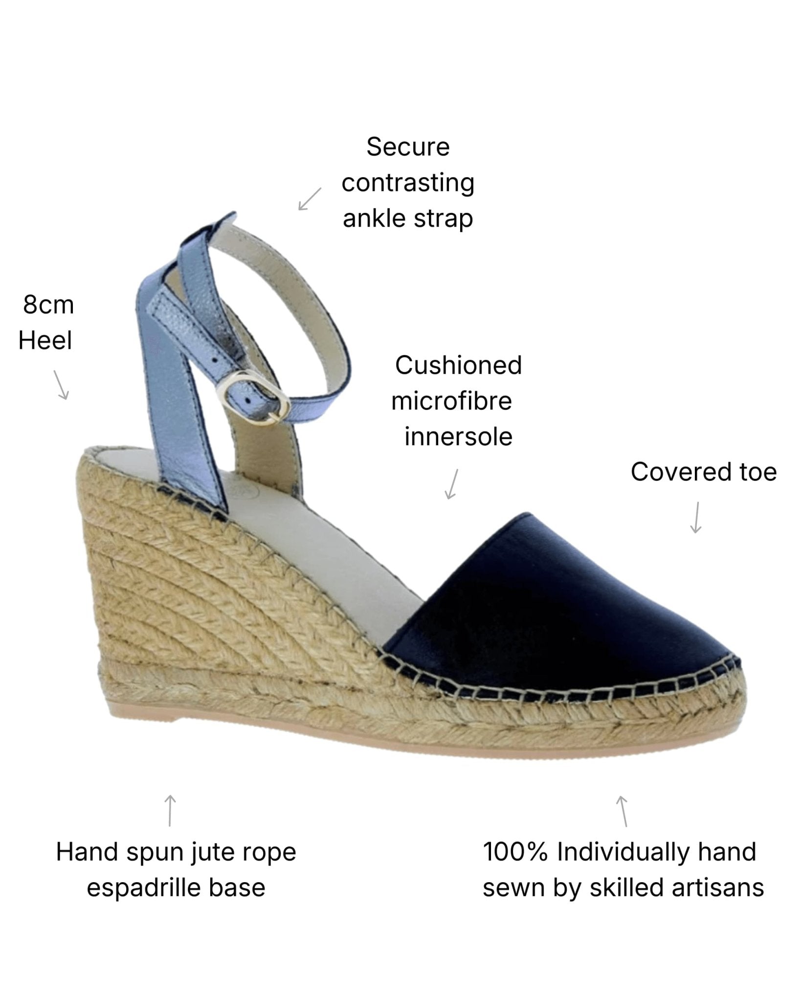Closed toe black wedge espadrilles with pewter ankle strap

