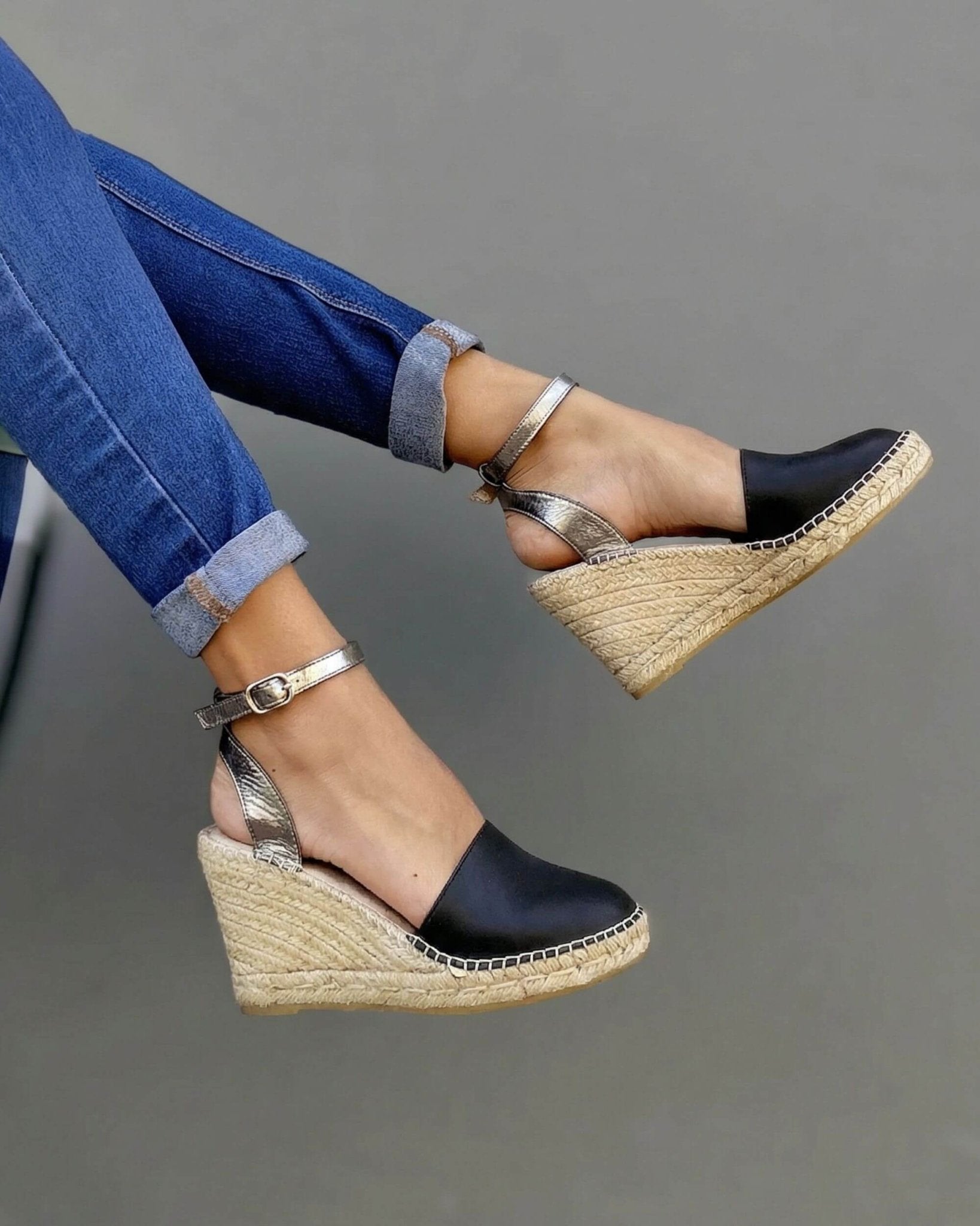 Midnight pewter black espadrille wedges side view metallic strap
