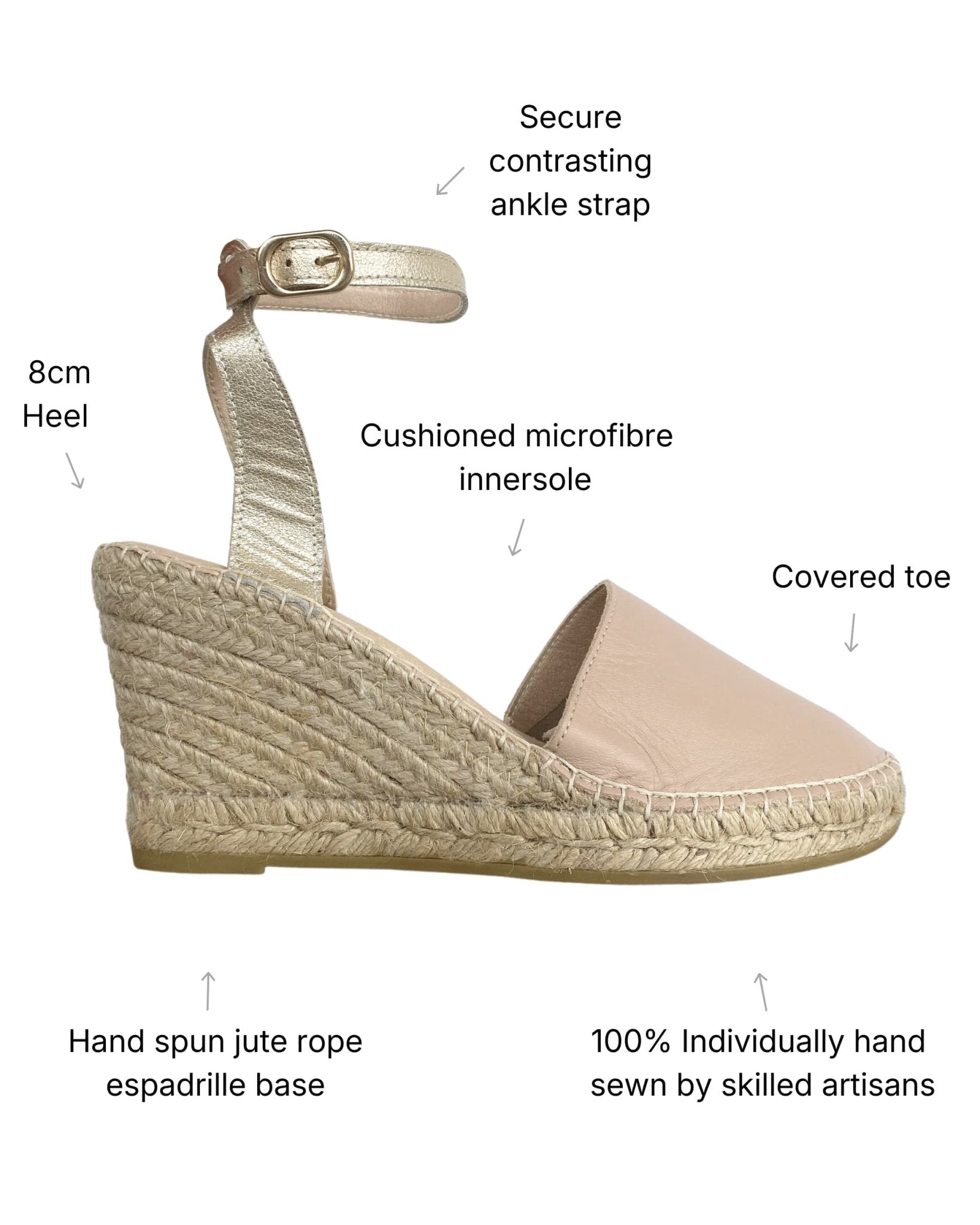 Champagne espadrille wedges side view ankle strap detail

