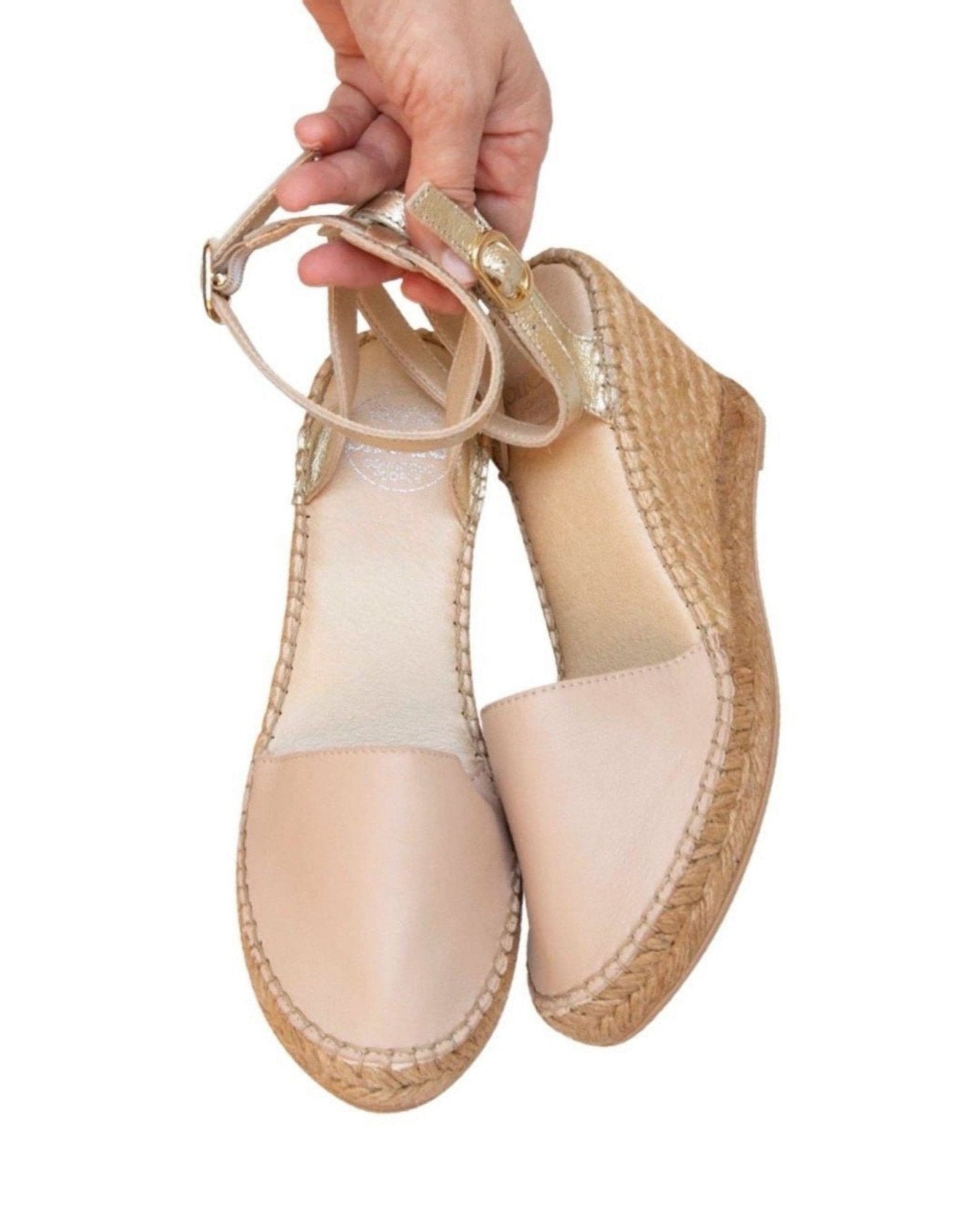 Spanish handmade closed-toe wedges 8cm heel champagne
