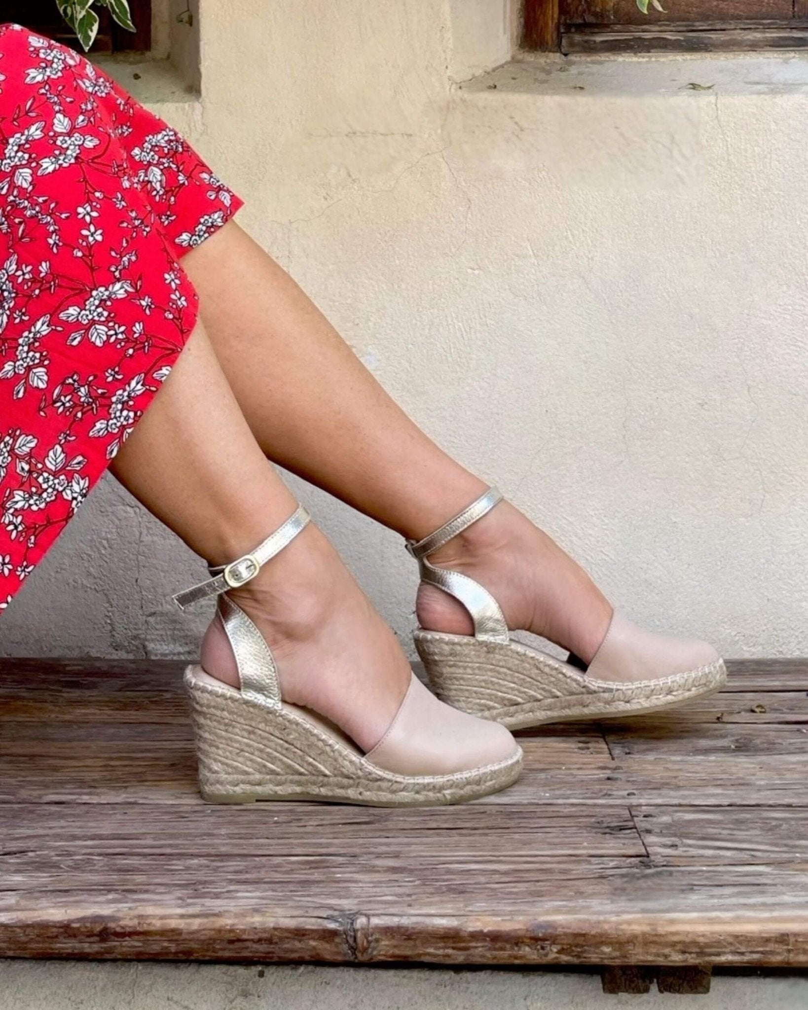 Handmade Spanish espadrille wedges champagne ankle strap
