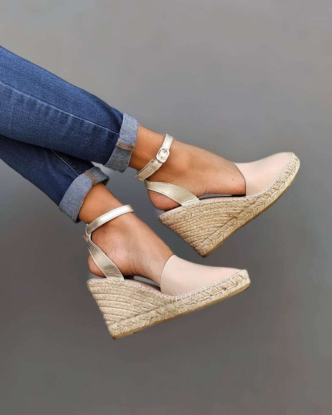 Carla Espadrille Wedge in Sandy Champagne closed-toe handcrafted Spain
