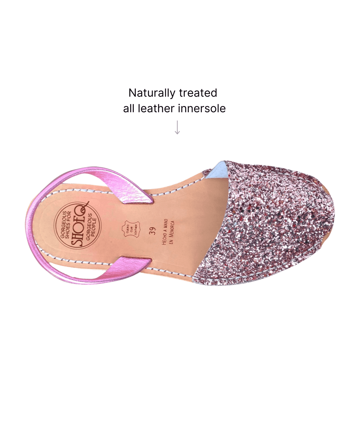 Pink glitter avarca sandals in buttery-soft premium leather, handcrafted in Spain | Classic Avarca by Shoeq