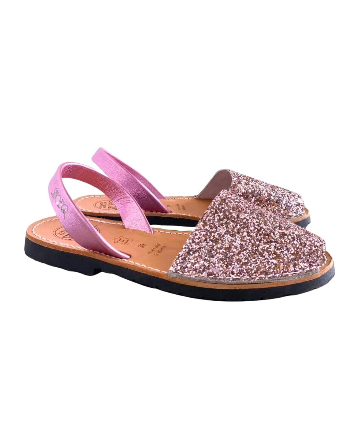 Pink glitter leather flat sandals with secure slip-on heel strap, made in Menorca | Classic Avarca by Shoeq