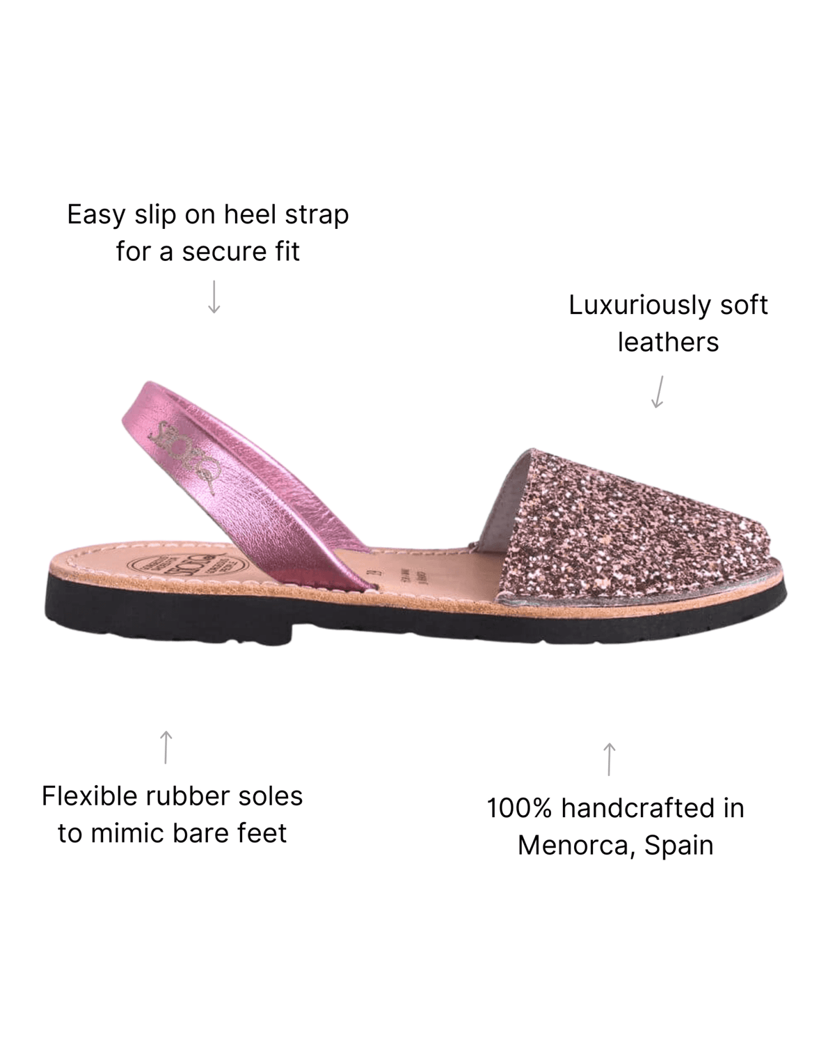 Pink glitter flat sandals worn — handcrafted Menorcan avarca in premium leather | Classic Avarca by Shoeq