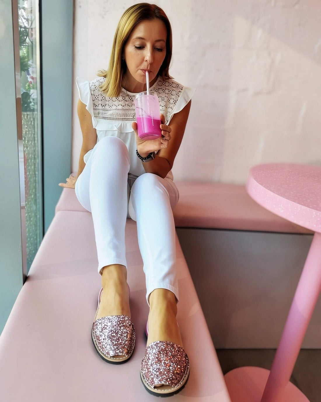 Pink glitter leather sandals — handcrafted Menorcan avarca with slip-on heel strap | Classic Avarca by Shoeq