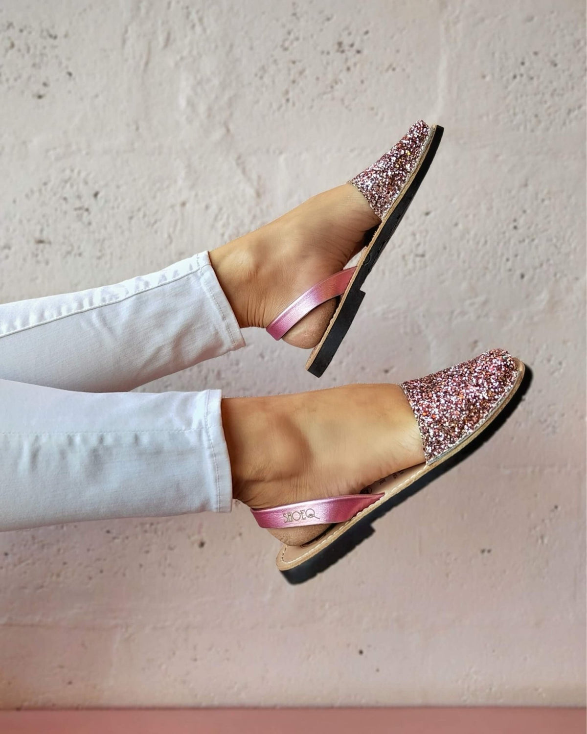 Pink glitter leather sandals — handcrafted Menorcan avarca with slip-on heel strap | Classic Avarca by Shoeq
