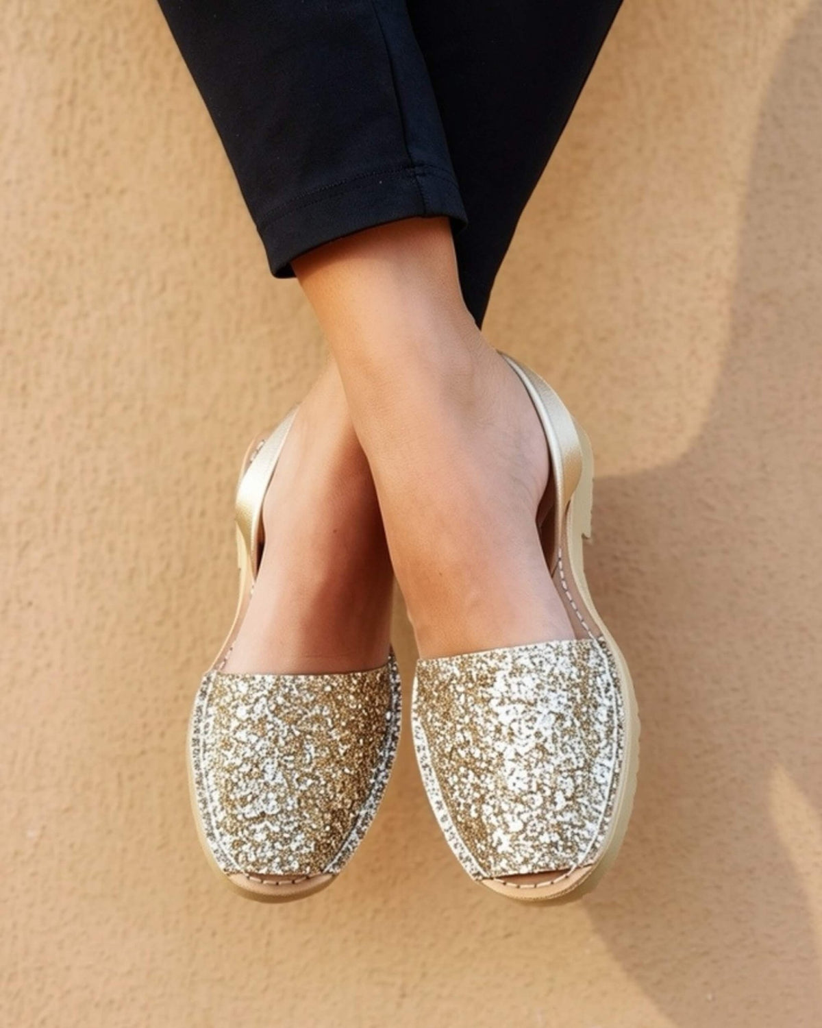 Gold glitter avarca sandals in premium leather, handcrafted in Menorca | Classic Avarca by Shoeq