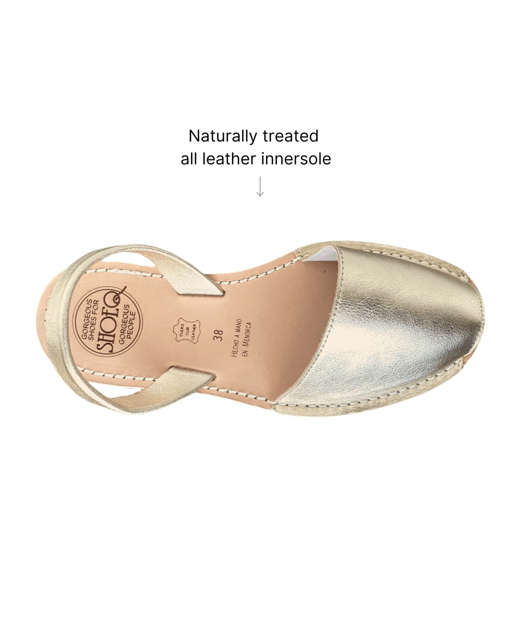 Classic Avarca champagne gold all-leather innersole detail Menorca Spain
