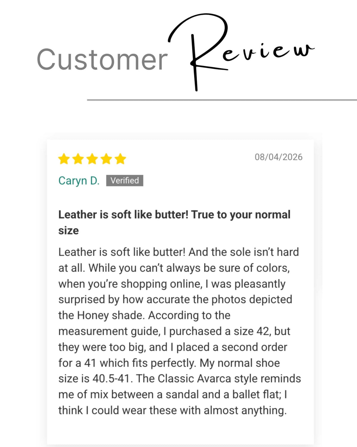 Customer review — Honey tan Classic Avarca, five stars from a verified Shoeq customer | Classic Avarca by Shoeq