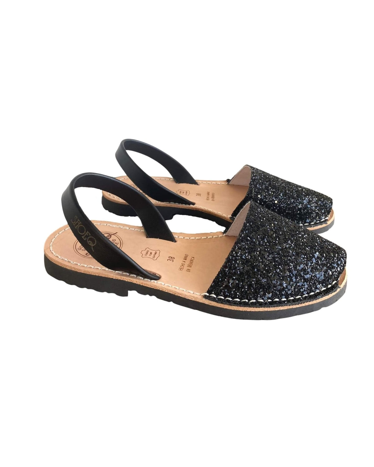 Black glitter flat leather sandals — breathable all-leather innersole, Menorcan made | Classic Avarca by Shoeq