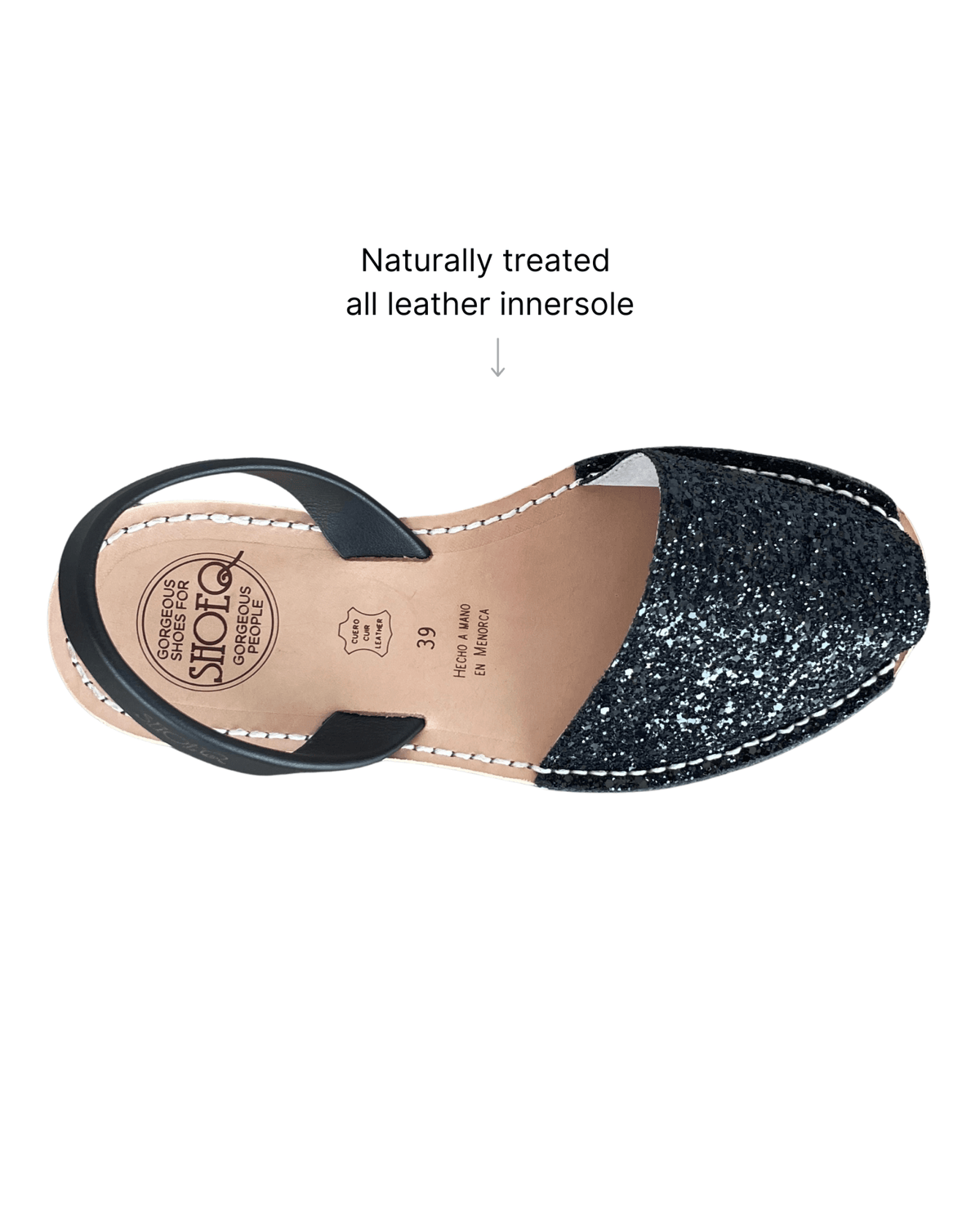 Black glitter avarca sandals in buttery-soft premium leather, handcrafted in Spain | Classic Avarca by Shoeq