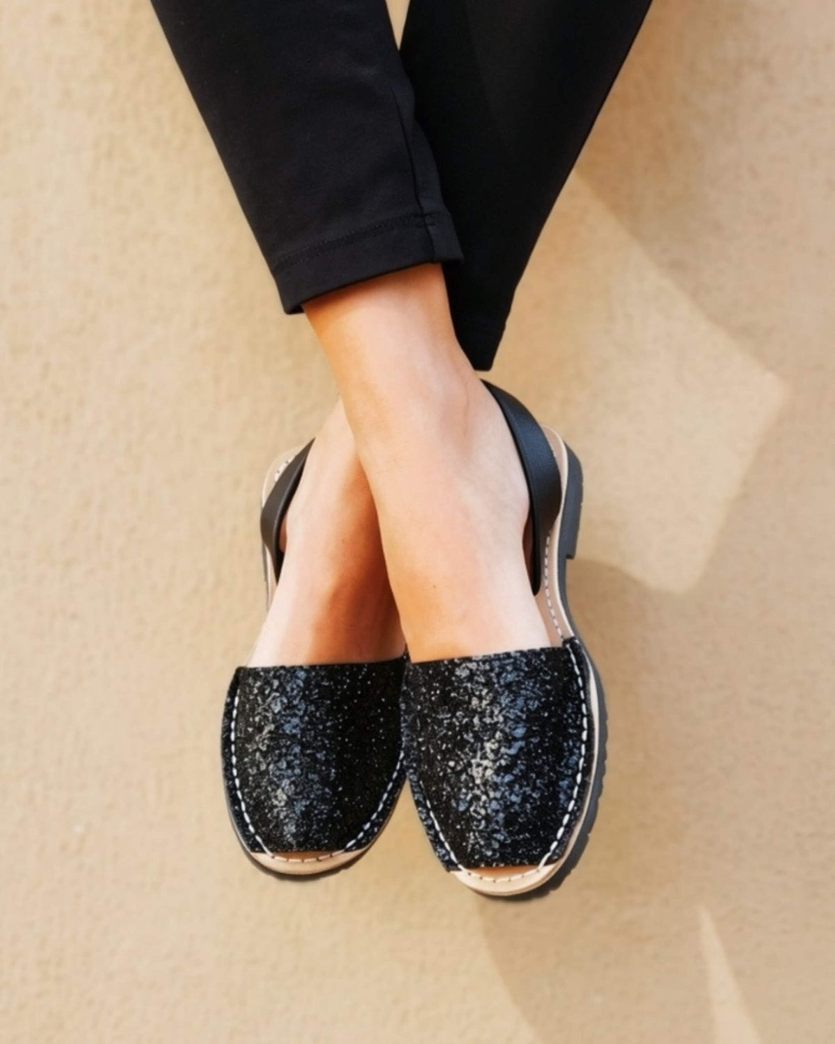 Black glitter flat sandals in premium leather, handmade in Menorca, Spain | Classic Avarca by Shoeq