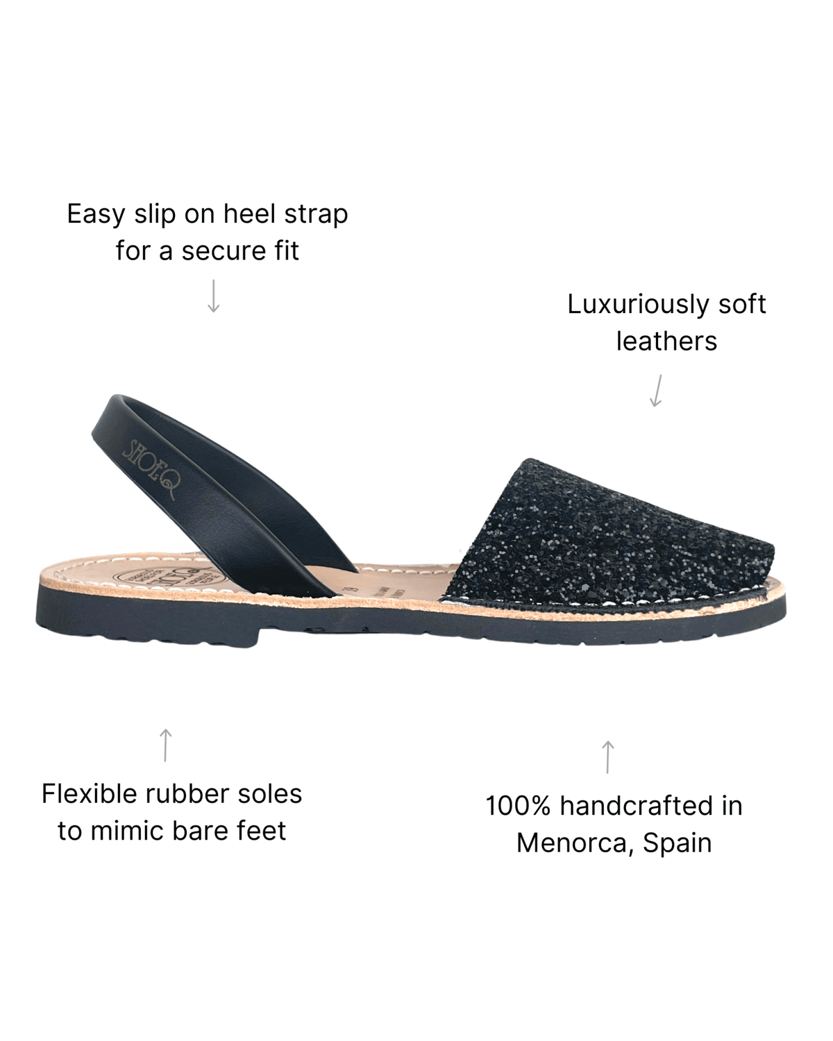 Black glitter leather flat sandals with secure slip-on heel strap, made in Menorca | Classic Avarca by Shoeq