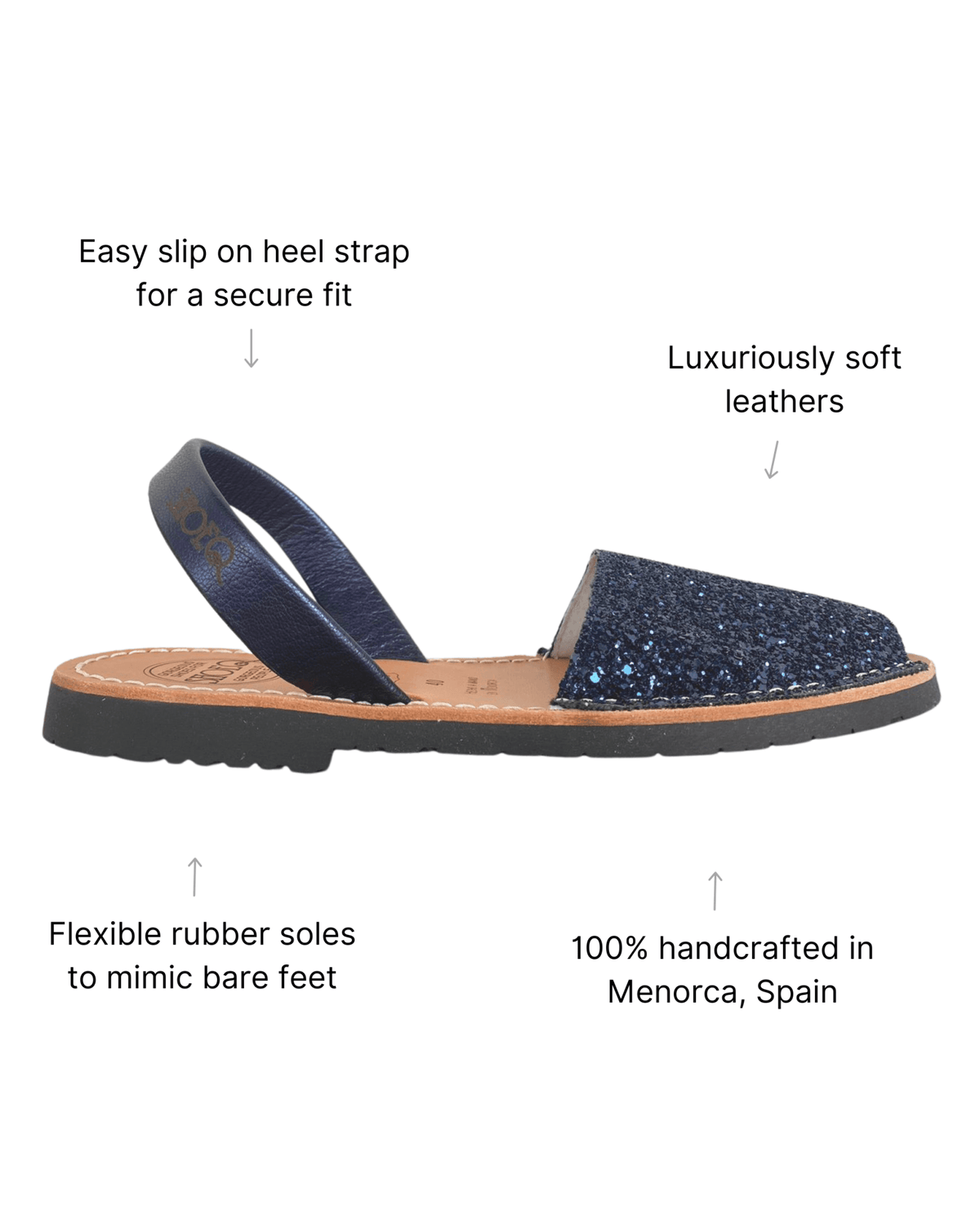 Navy glitter leather flat sandals with secure slip-on heel strap, made in Menorca | Classic Avarca by Shoeq