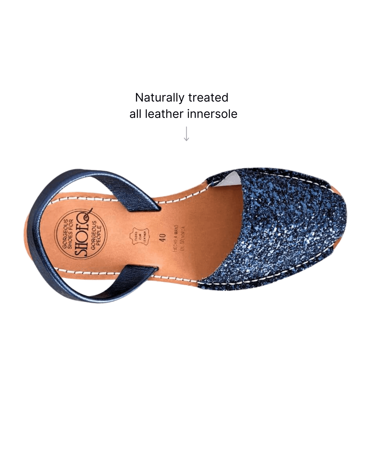 Navy glitter flat leather sandals — breathable all-leather innersole, Menorcan made | Classic Avarca by Shoeq