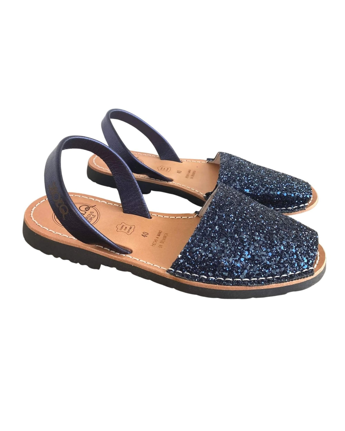 Navy glitter avarca sandals in buttery-soft premium leather, handcrafted in Spain | Classic Avarca by Shoeq
