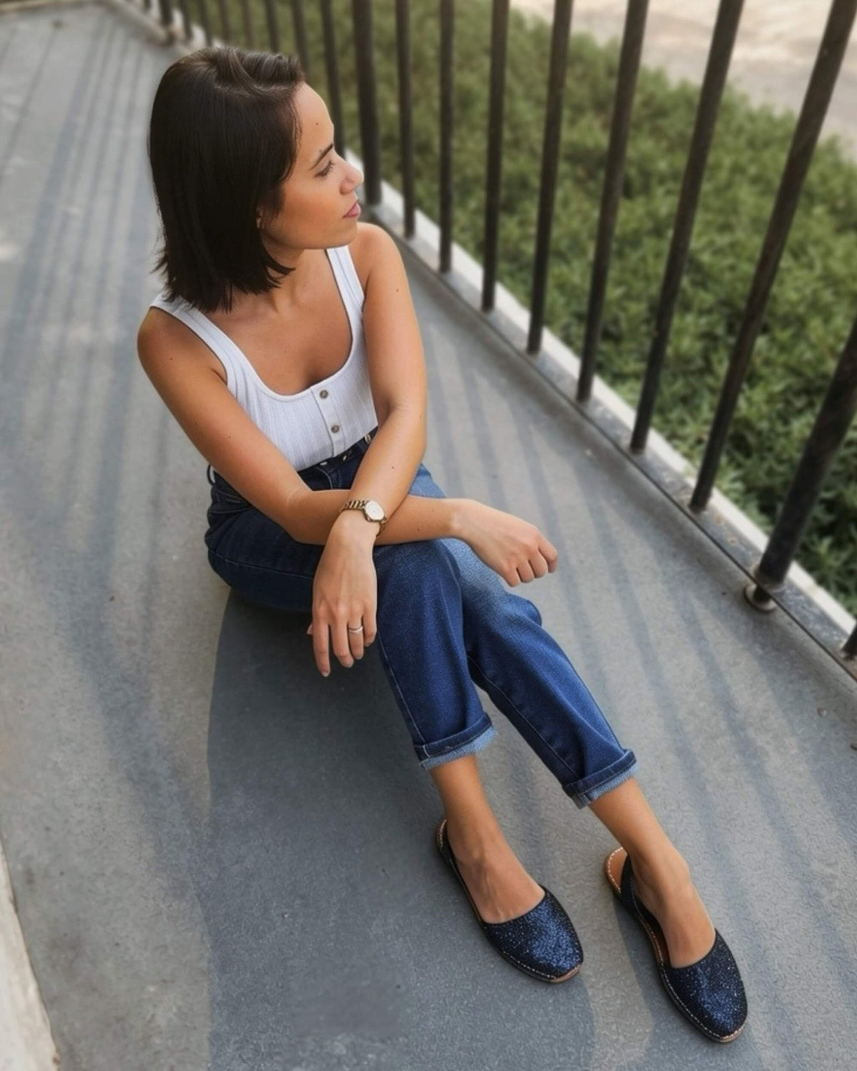 Navy glitter flat sandals in premium leather, paired with casual outfit, handmade in Menorca, Spain | Classic Avarca by Shoeq