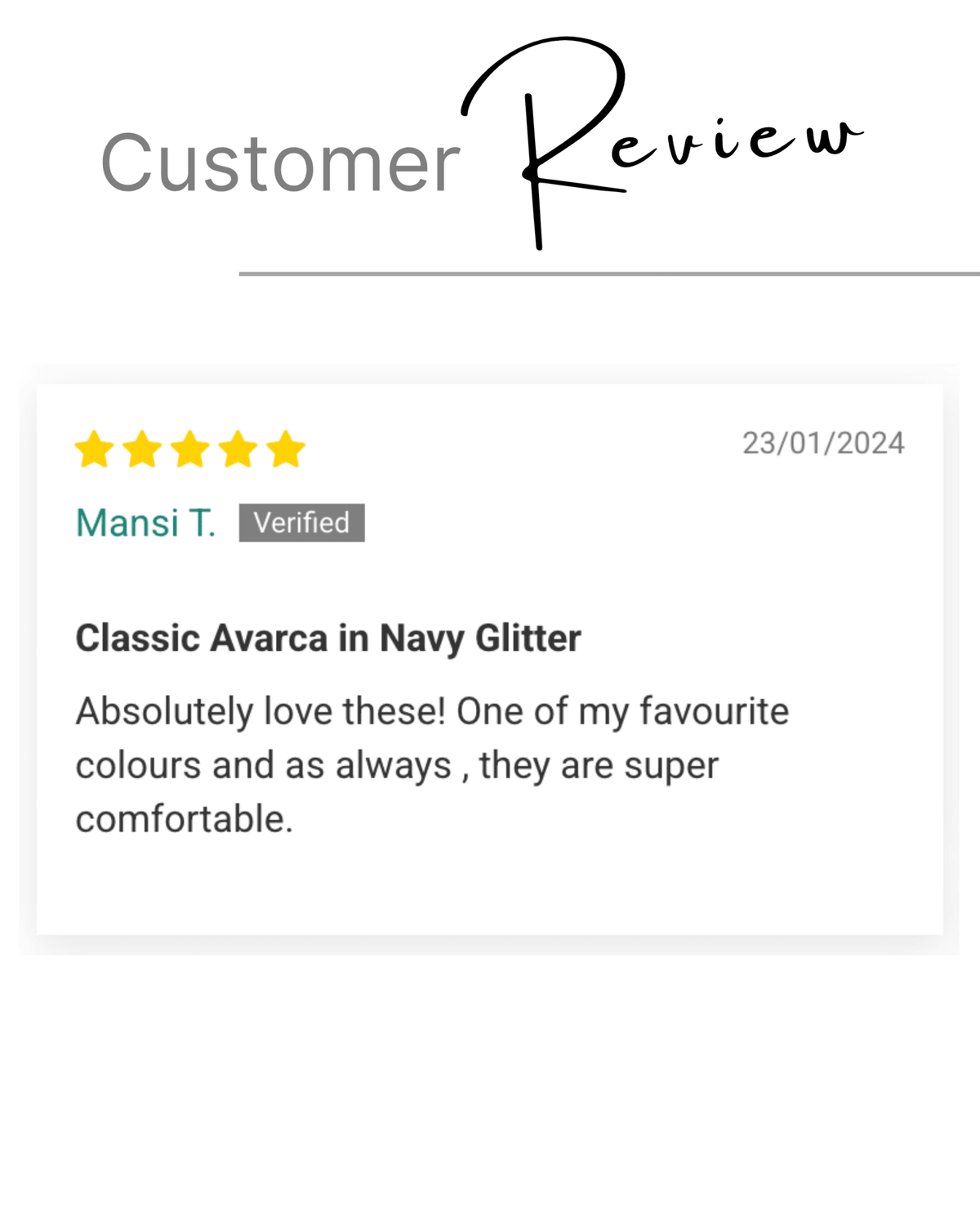 Customer review — Navy glitter Classic Avarca, five stars from a verified Shoeq customer | Classic Avarca by Shoeq