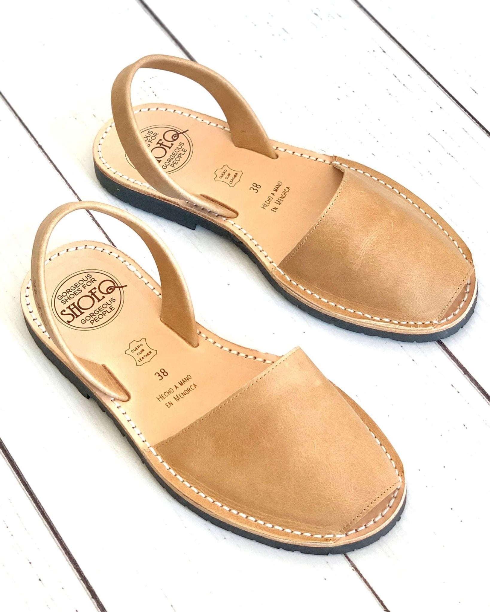 Classic Avarca caramel comfortable flat leather sandal recycled rubber sole - Shoeq