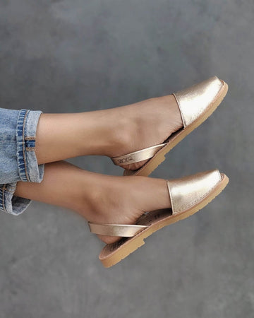 Classic Avarca in Champagne Metallic front view handcrafted Spanish sandals Dubai