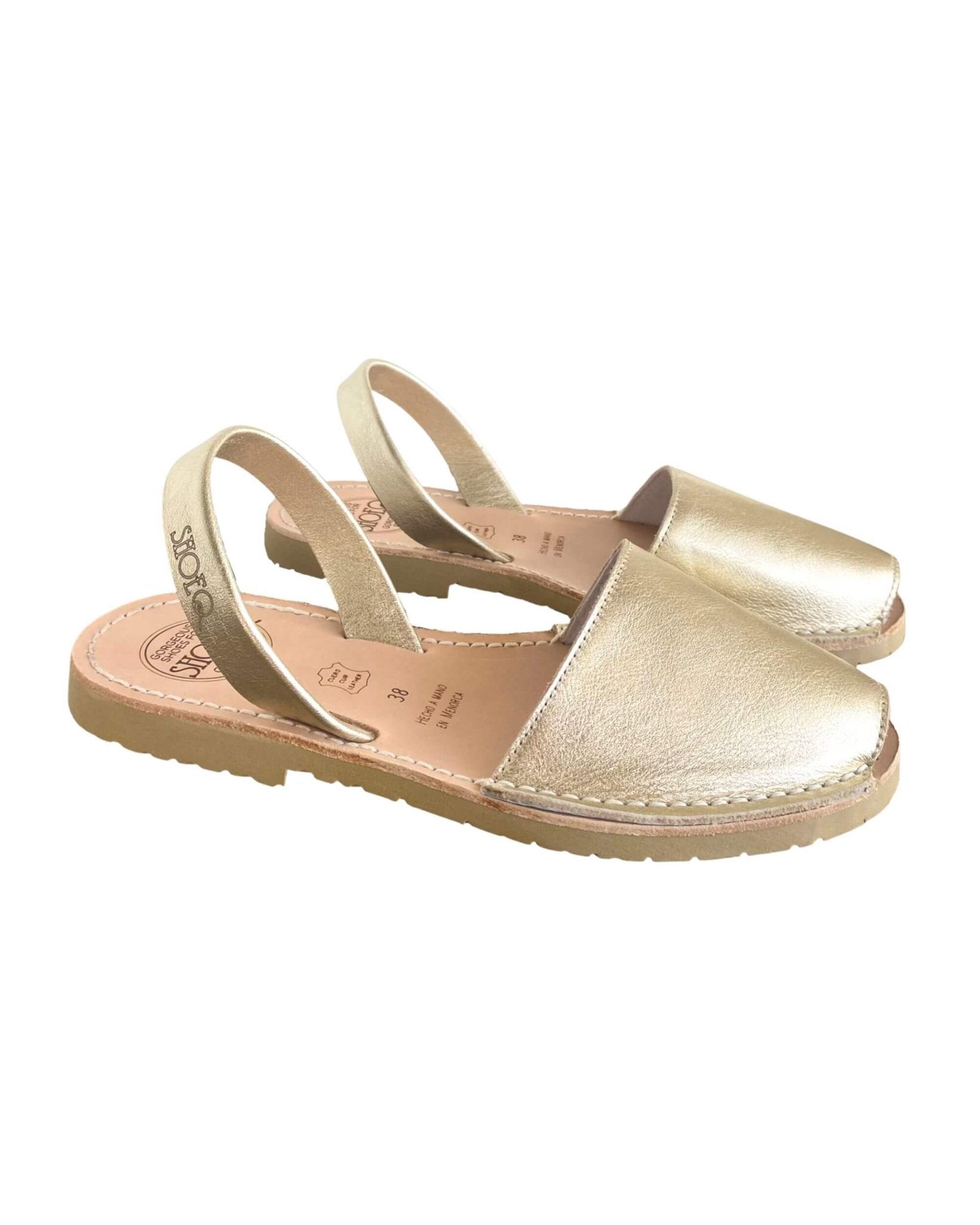 Menorcan sandals champagne metallic slip-on heel strap secure fit

