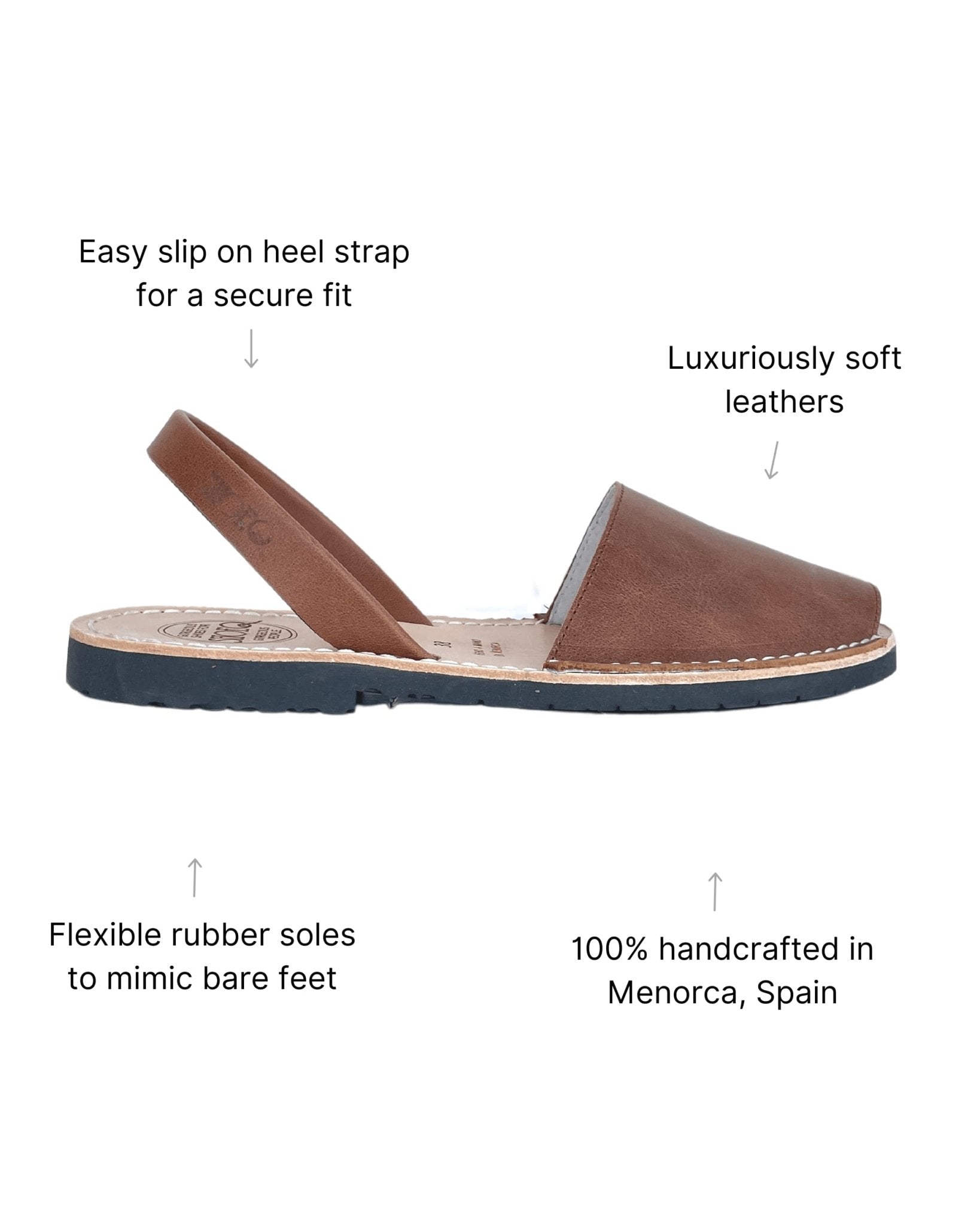 Handcrafted Spanish Avarca sandals in chocolate brown backstrap detail
