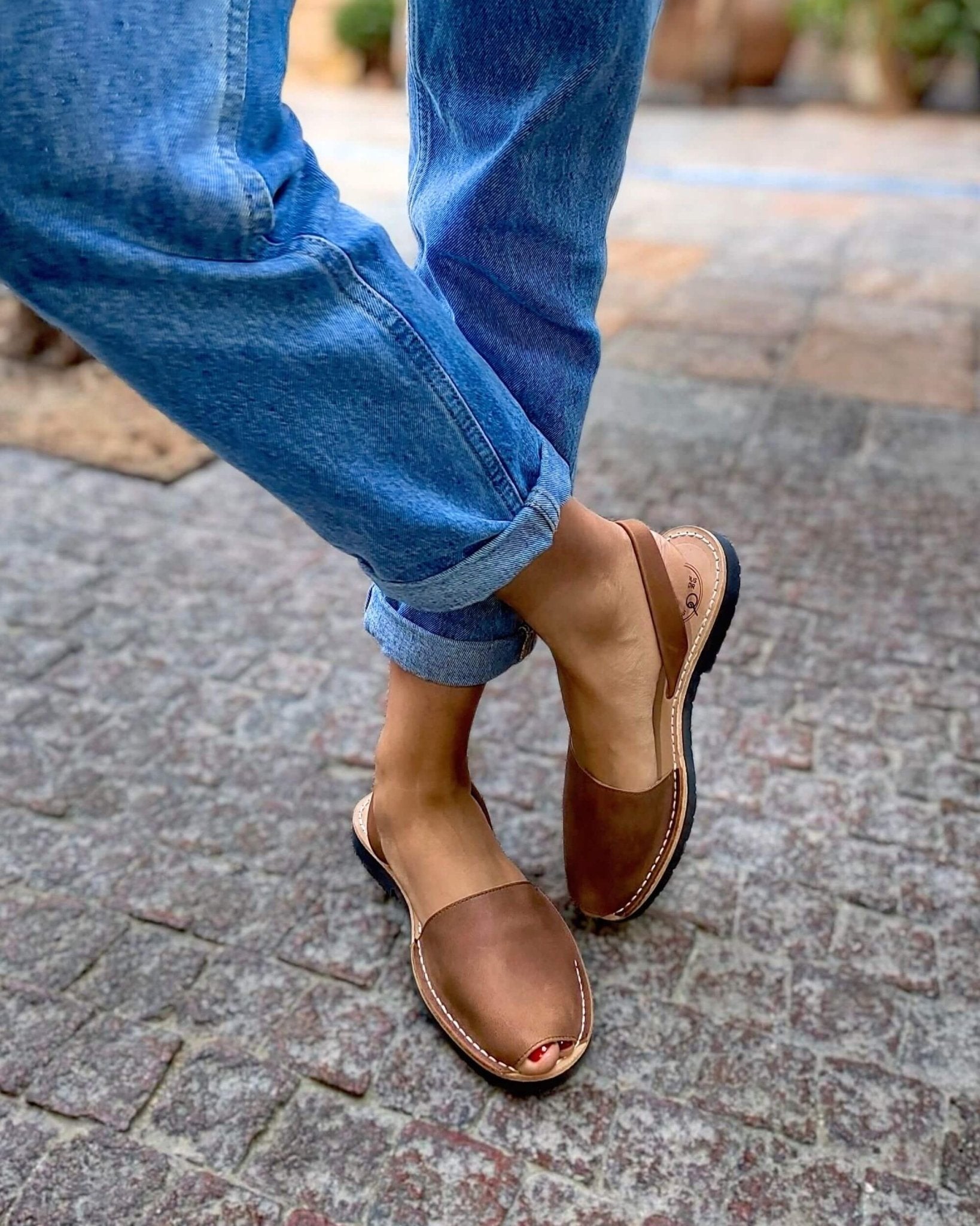 Chocolate Avarca sandals on model casual everyday Dubai look
