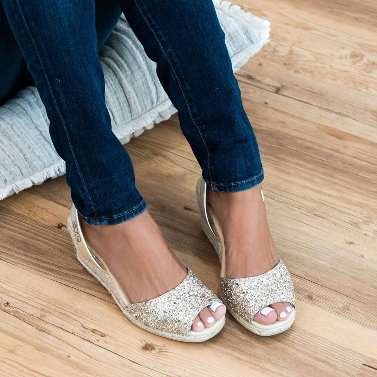 Classic Espadrille Wedge ('23 Edit) in Champagne Glitter - Shoeq