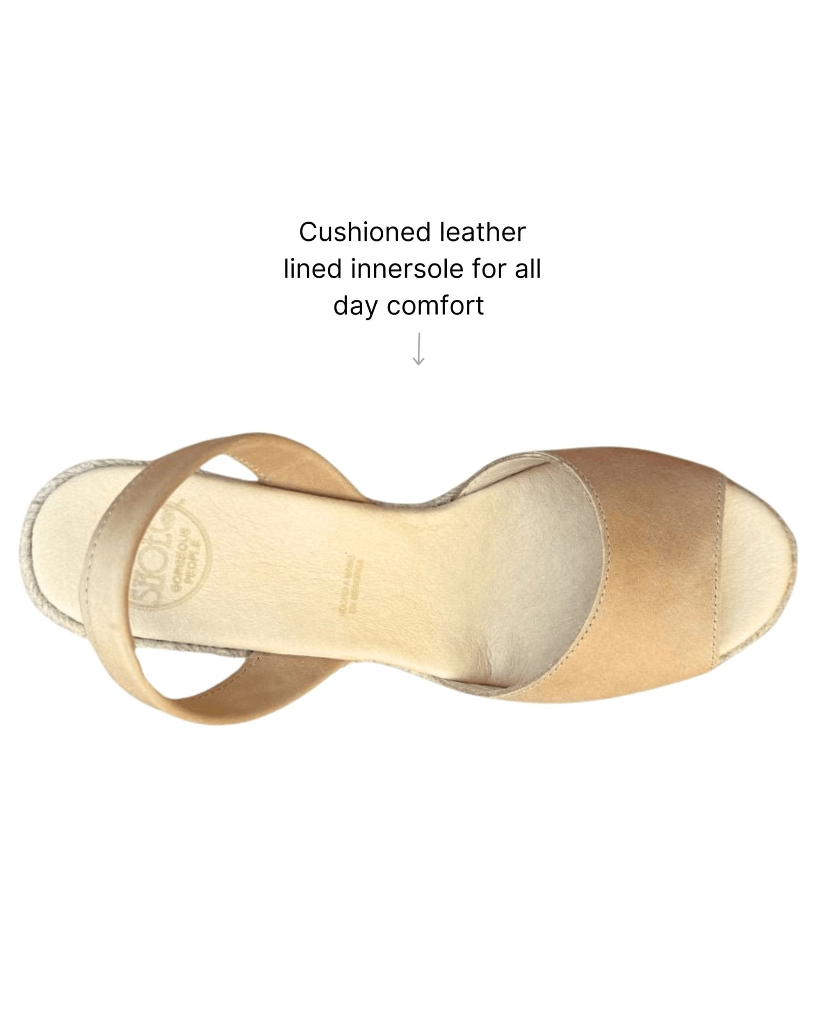 Caramel tan espadrille wedges top view leg lengthening effect
