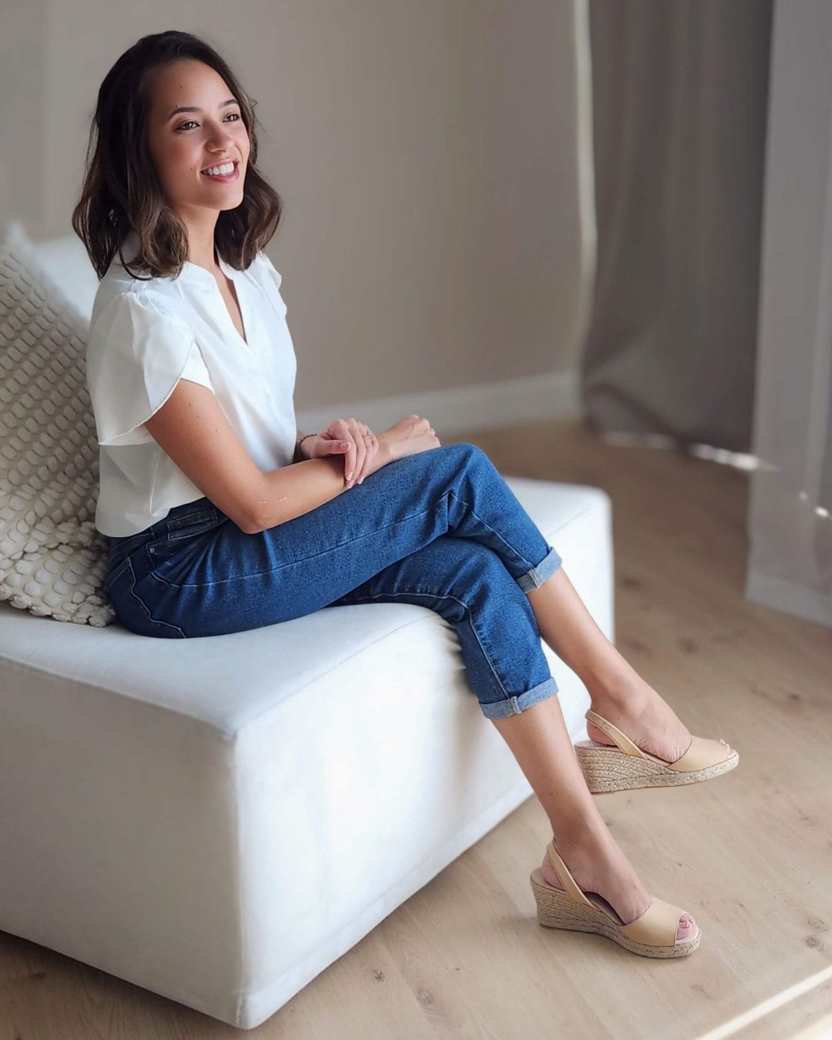 Caramel brown peep toe wedges back view heel detail close up

