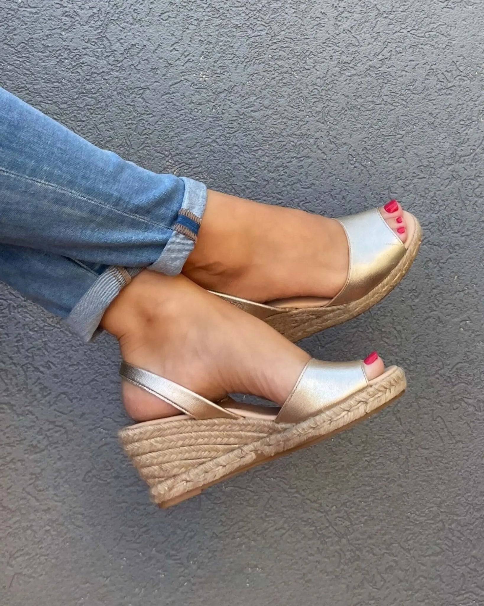Classic wedge espadrilles slingback strap champagne side view
